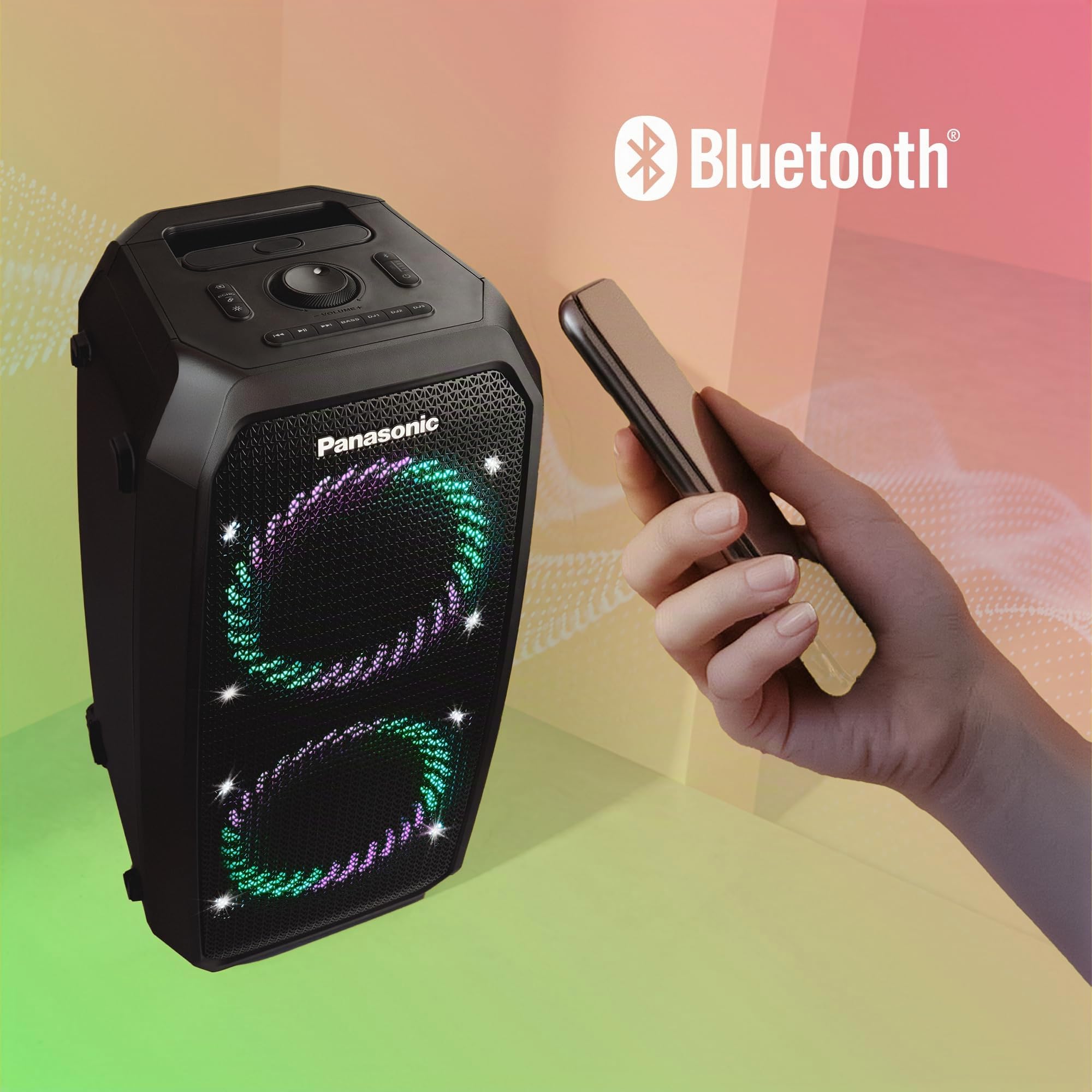 Panasonic SC-BMAX30 Altoparlante Portatile per Feste Bluetooth, Luci Integrate, Porta Bass Reflex, 320W, 14h Autonomia, USB, IPX4, Ingressi Chitarra e Microfono per Karaoke, Nero