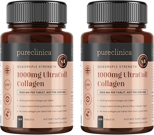 pureclinica UltraColl Marine Collagen 1000mg x 360 comprimidos (2 botellas de 180 comprimidos - 6 meses de suministro). El único colágeno