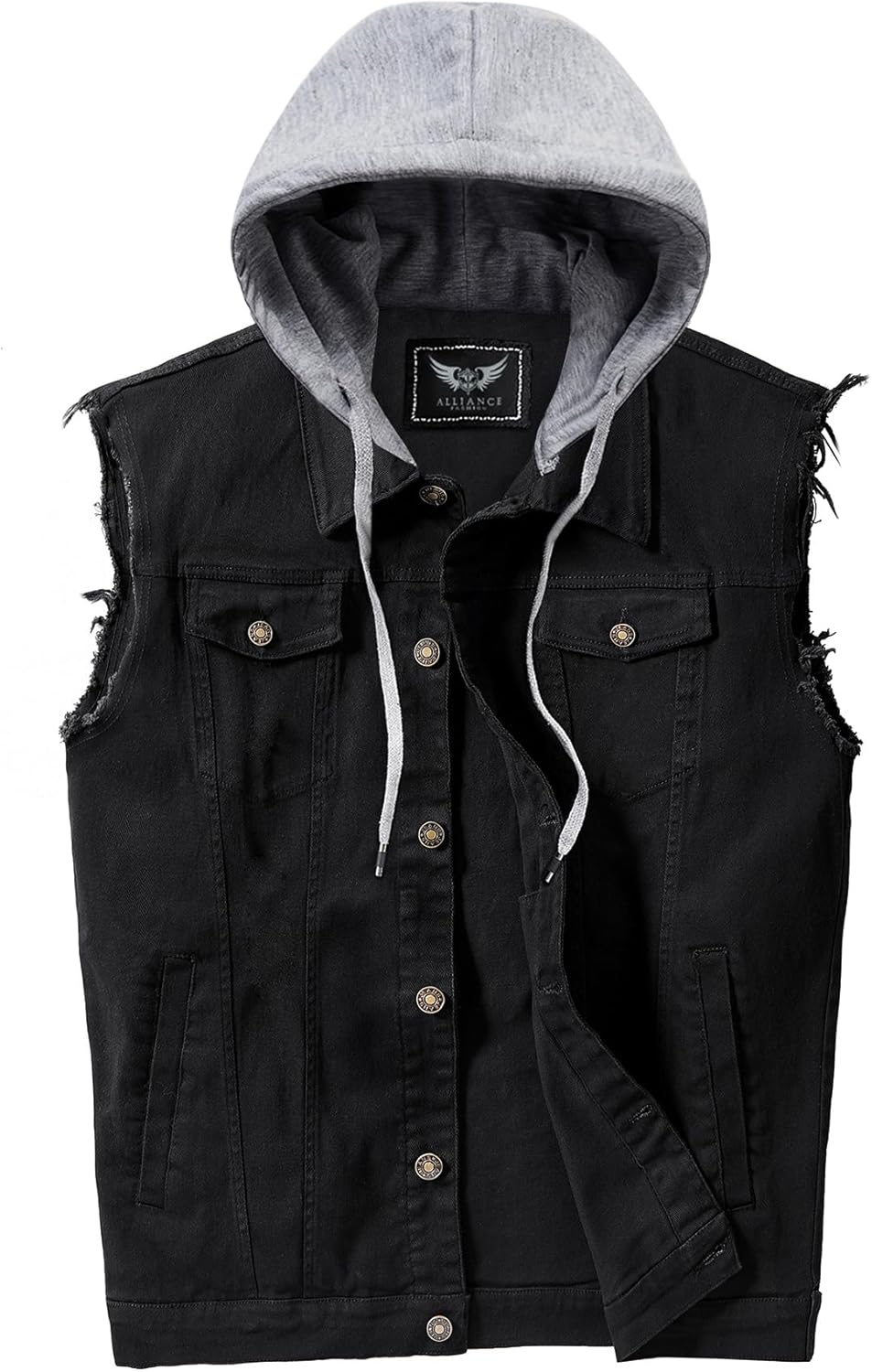 RongYue Men's Denim Vest Casual Button Stretchy Distressed Jean Sleeveless Jacket with Hood