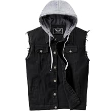 Mens Denim Vest Casual Button Stretchy Distressed Jean Sleeveless Jacket with Hood
