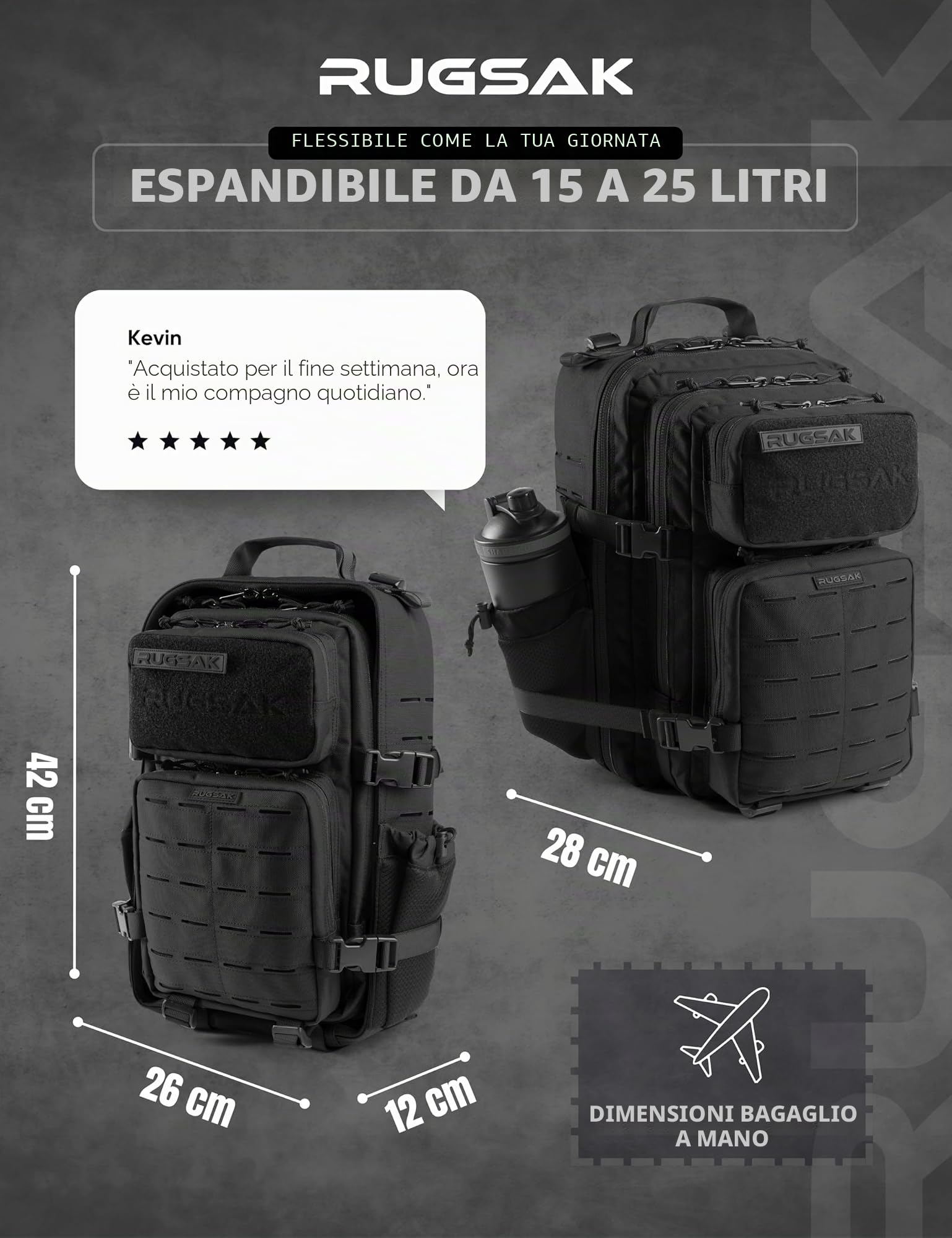 RUGSAK ALPHA | Zaino tattico [15 – 25 L] impermeabile ed estremamente robusto, zaino da sopravvivenza militare, per attività all'aperto, lavoro, escursioni, campeggio e palestra, zaino da viaggio