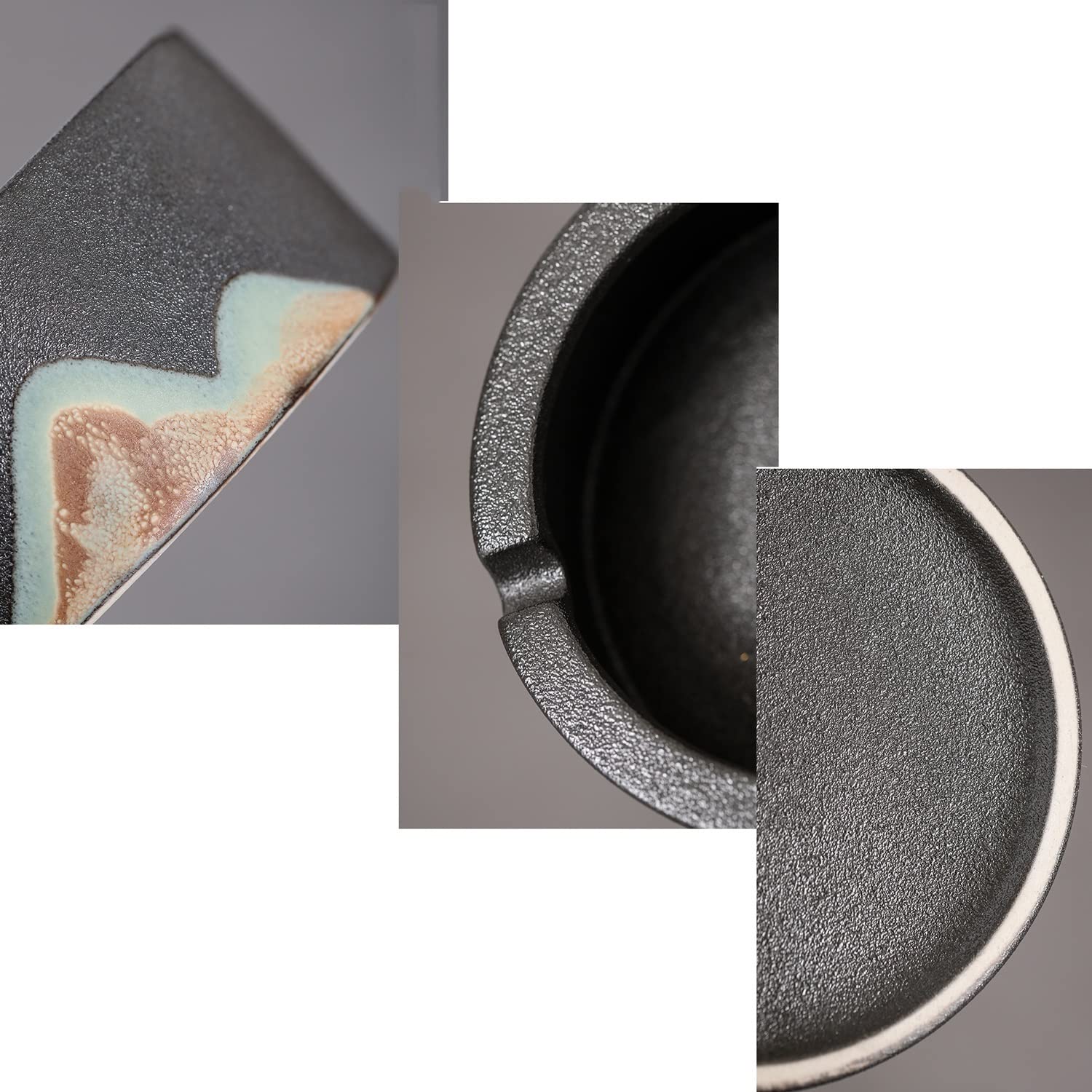 ceramiczna popielniczka, Ręcznie robiona szkliwiona malowana ceramiczna kolekcjonerska popielniczka dla mężczyzn palaczy prezenty, okrągła kreatywne ozdoby(Black)