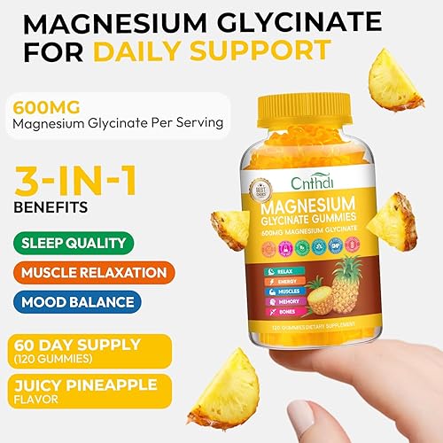 Miniatura 7 de Gomitas de glicinato de magnesio de 600 mg, gomitas de magnesio masticables sin azúcar para hombres y mujeres, apoya la rutina nocturna y el