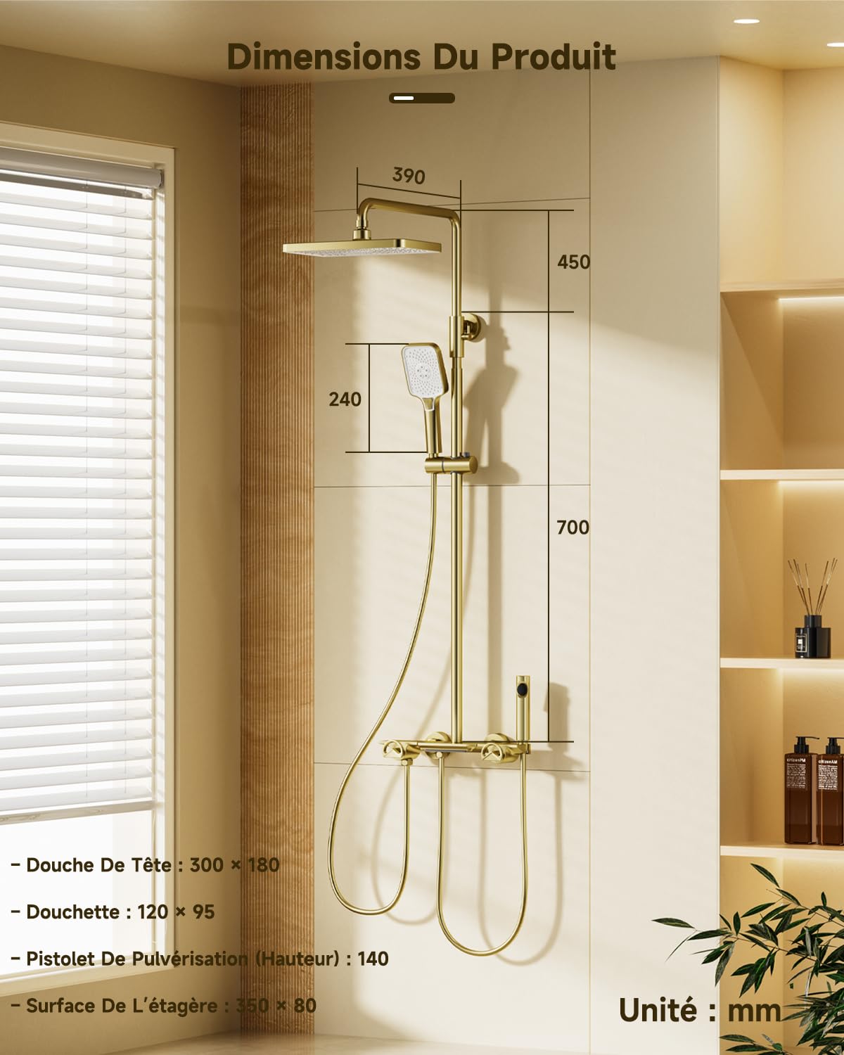 Colonne de douche, ensemble de colonne de douche 4-en-1 en or brossé | Pomme de douche rectangulaire à effet pluie 300 × 180 mm, orientable à 360°, douchette à main 3 modes, avec accessoires