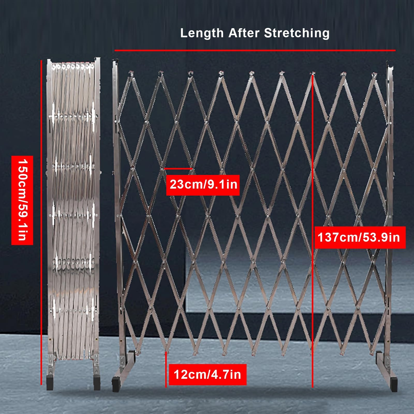 Ausziehbares faltbares Edelstahl-Absperrgitter mit Rädern für mobile Sicherheit – ideal für Garage, Straße, Flughafen und Busbahnhof – 150 x 150 cm Größe