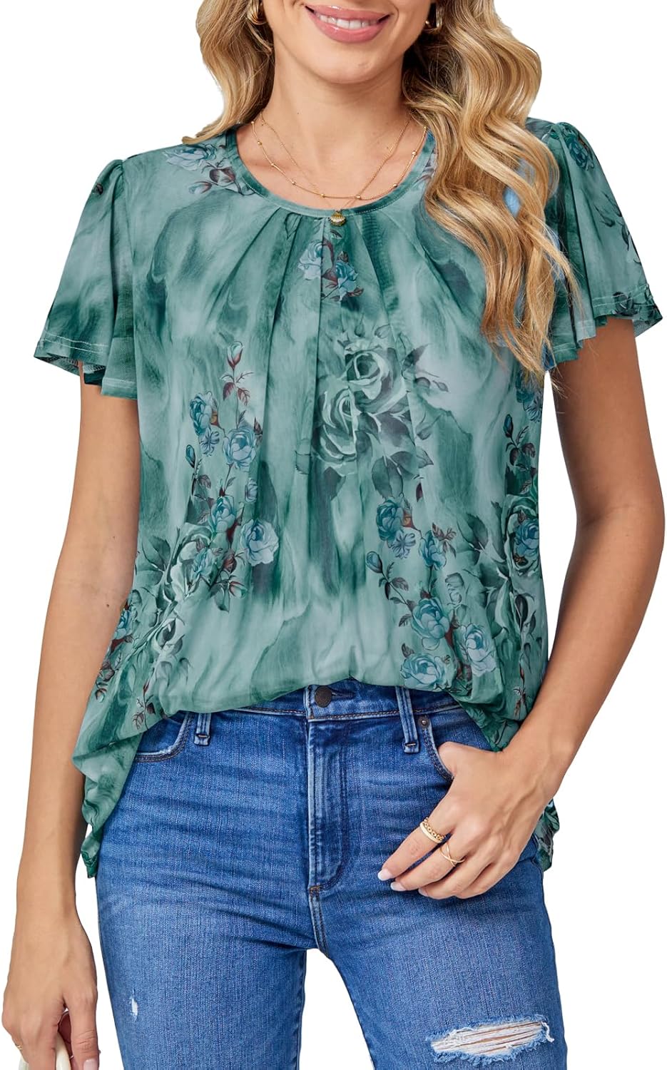 BAISHENGGT Womens Blouses Dressy Casual Shirts Flutter Short Sleeve Pleated Front Mesh Summer Tunic Tops