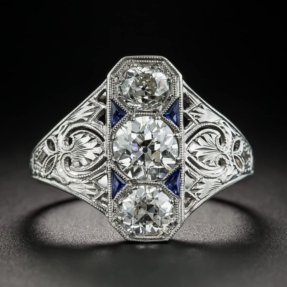 Women's Jewelry S925 Sterling Silver Vintage Fashion Ladies Triangle Three Gem Blue Gemstone Ring Cocktail Party Ring Engagement Wedding Jewelry Size 6-10 CZC698 (8)