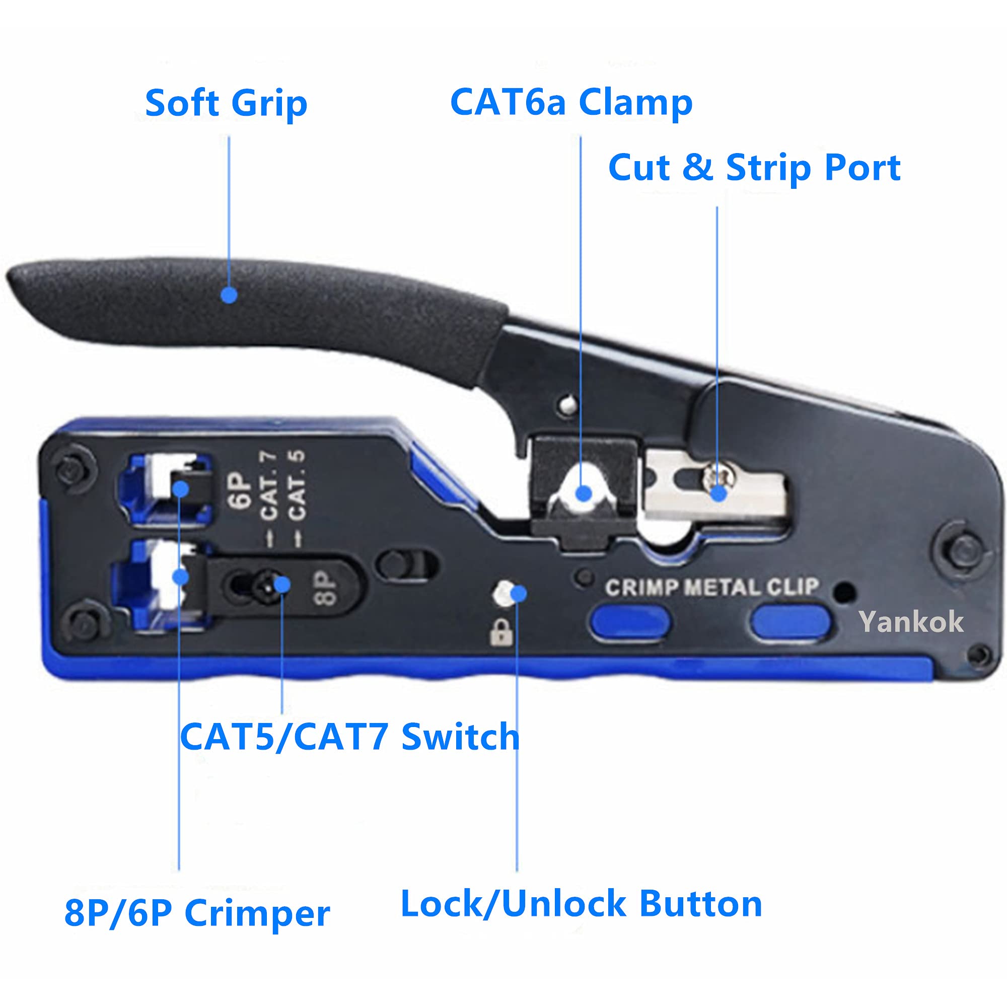 Yankok Pince à sertir modulaire standard et blindé tout-en-un pour connecteurs réseau RJ45 RJ12 RJ11 et câbles Ethernet CAT5/5e CAT6 CAT6a CAT7
