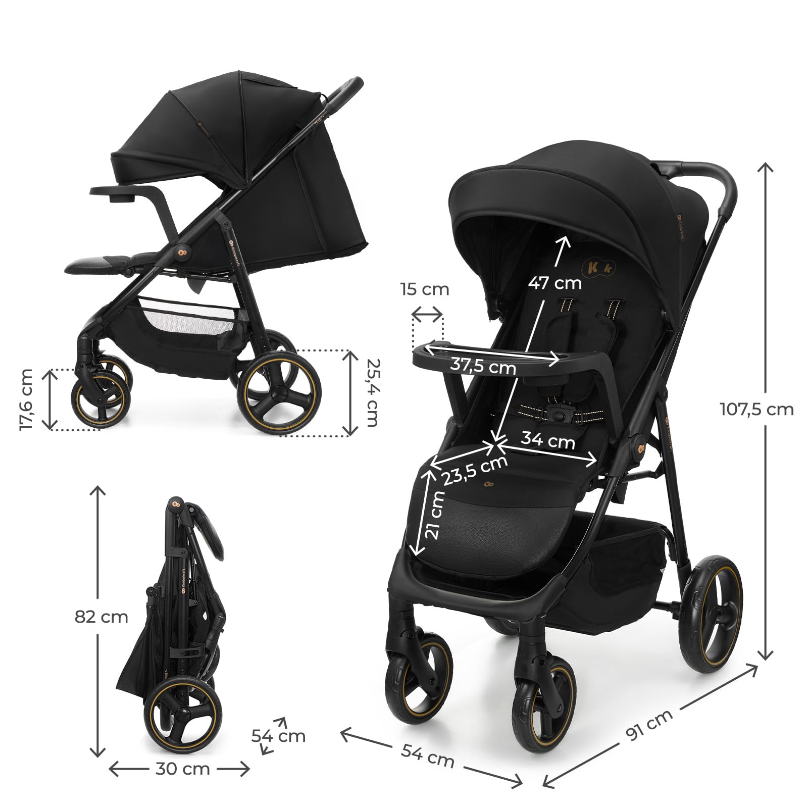 Kinderkraft TRIG 3 con vassoio, Passeggino 22 kg, CLICK & FOLD, Nero