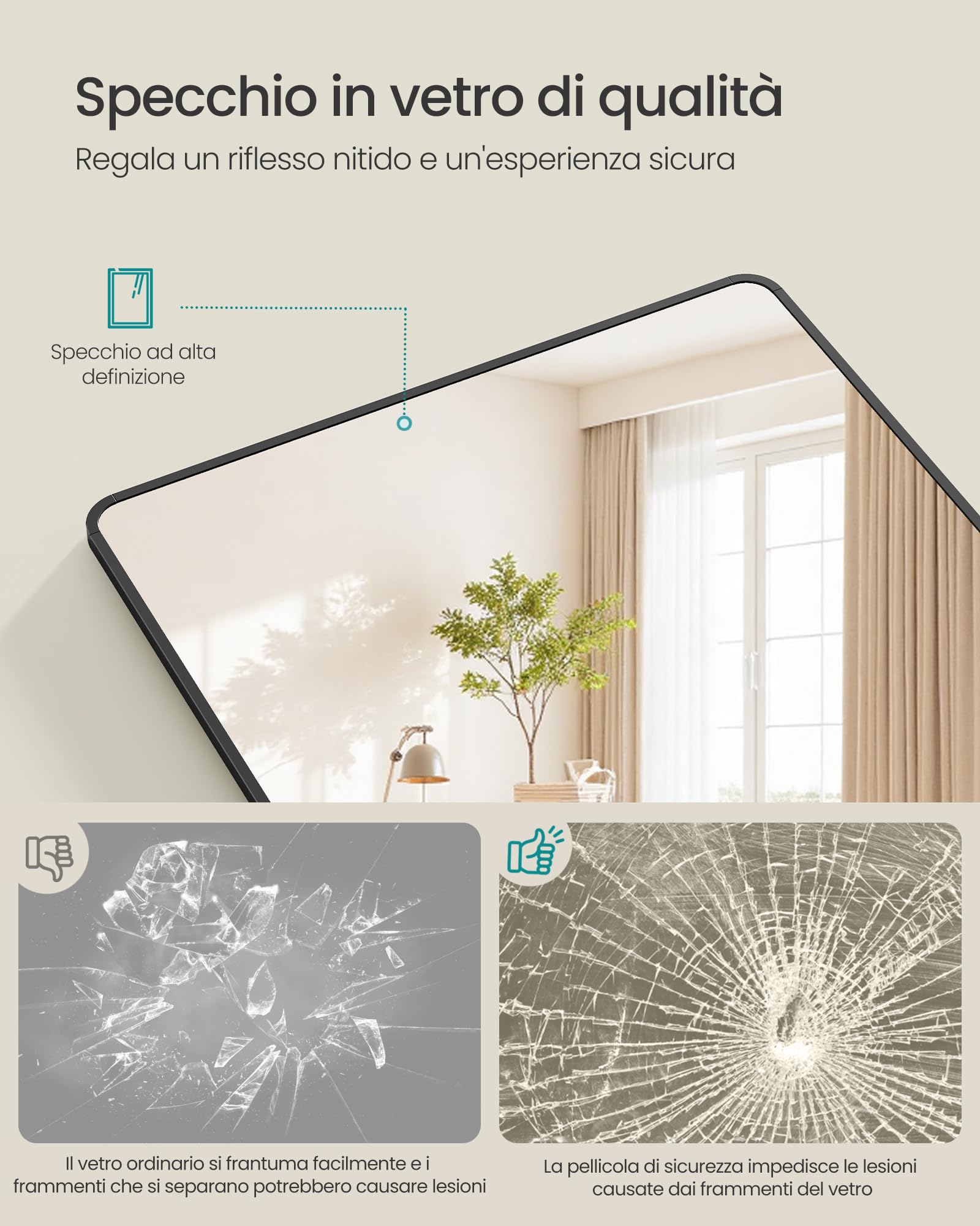 SONGMICS Specchio a Figura Intera, 165 x 60 cm, Specchio da Terra Rettangolare con Supporto, Cornice in Lega di Alluminio, Vetro Temperato, Camera da Letto Soggiorno, Nero Inchiostro LFM038BD01