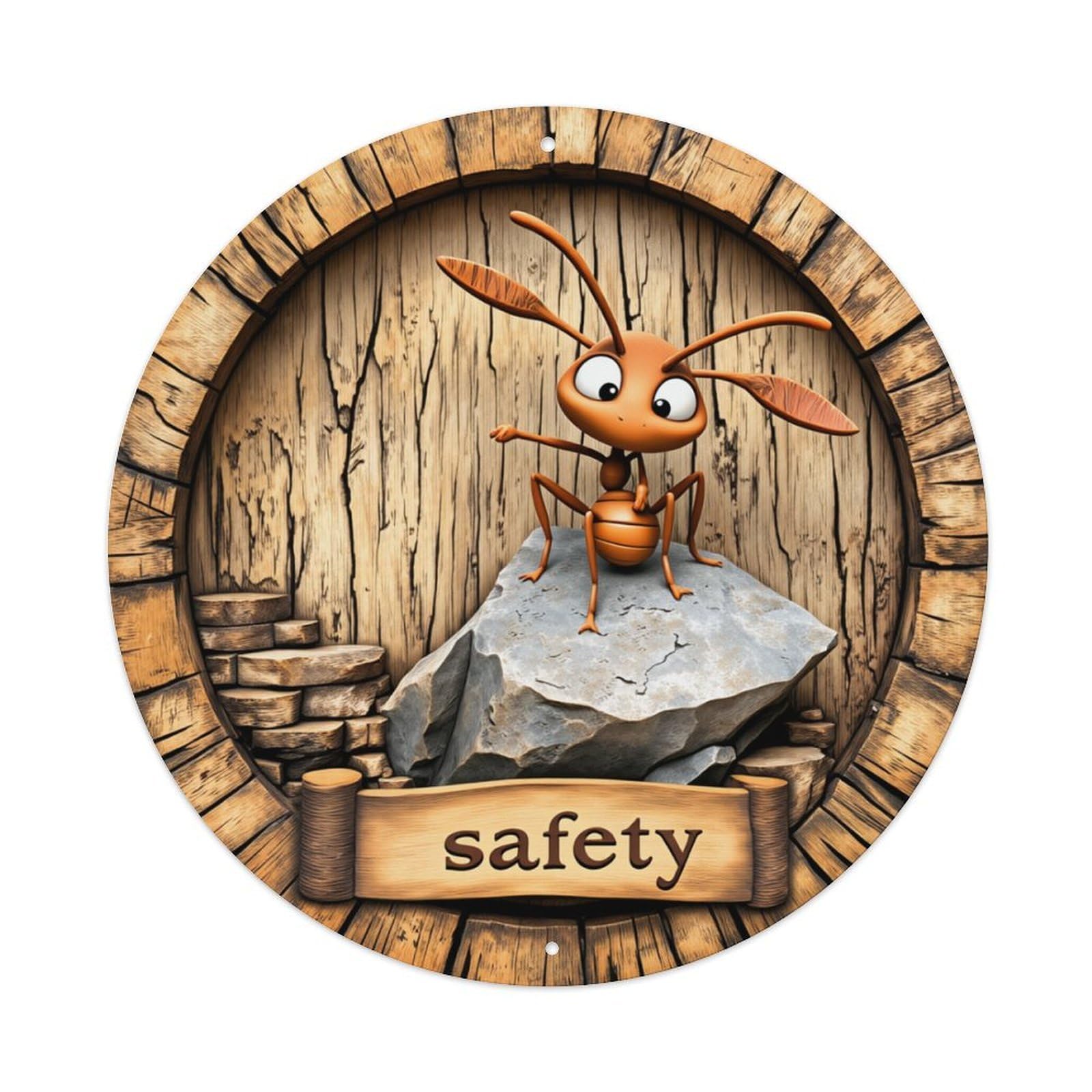 Ant On Rock Safety Sign Round Tin Sign Retro Metal Sign for Cafe Bar Pub Home Game Room Gym Club Wall Decoration Vintage Metal Poster 8x8 Inch