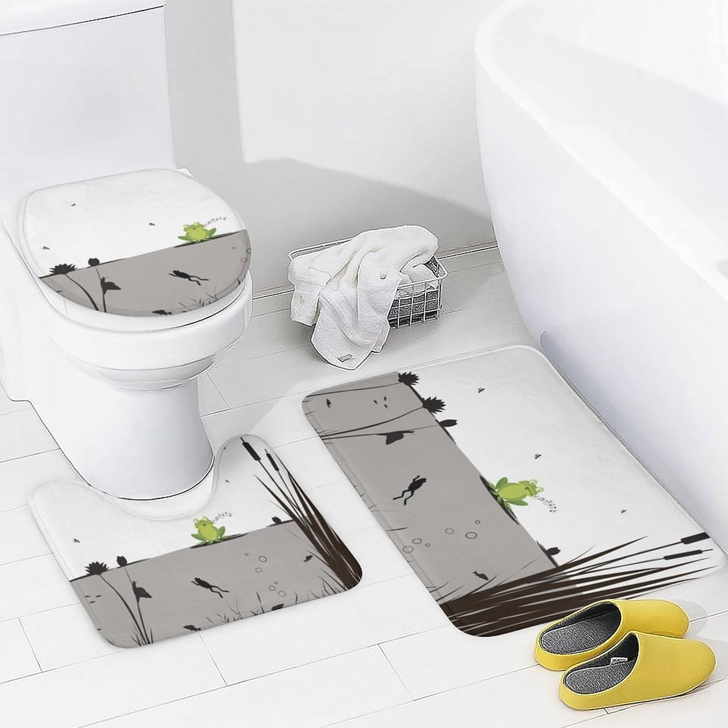 Black and White Frog 4 PCS Shower Curtain Set Bathroom Sets with Durable Shower Curtain and Rugs Non-Slip Carpet Toilet Seat Cover Decoration for Home Hotel Bath Accessories Women Men