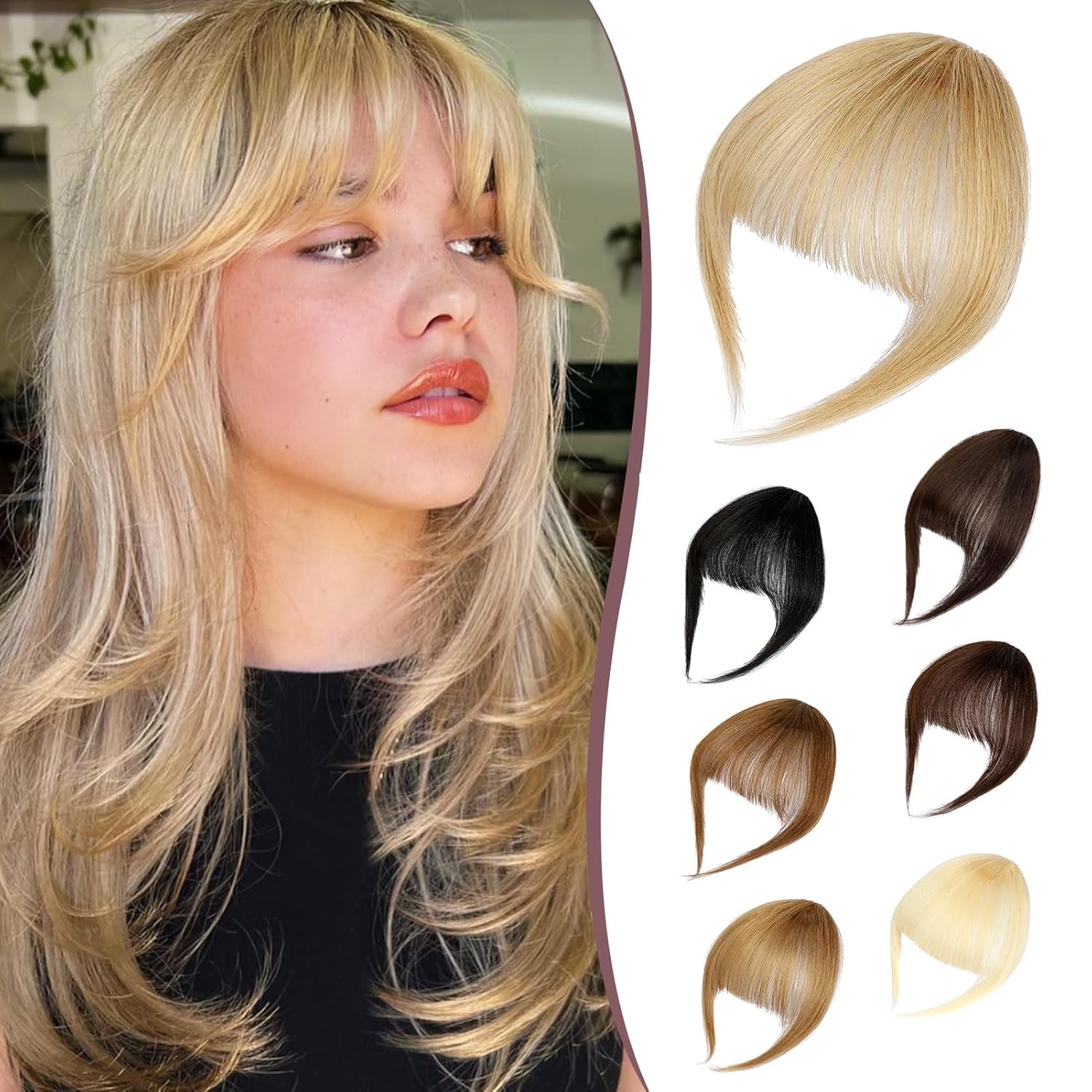 Clip in Bangs, Bangs Hair Clip Real Human Hair Wispy Bangs Clip in Hair Extensions, Ash Blonde Air Bangs Fringe with Temples Hairpieces for Women, Curved Bangs Clip on Bangs for Daily Wear