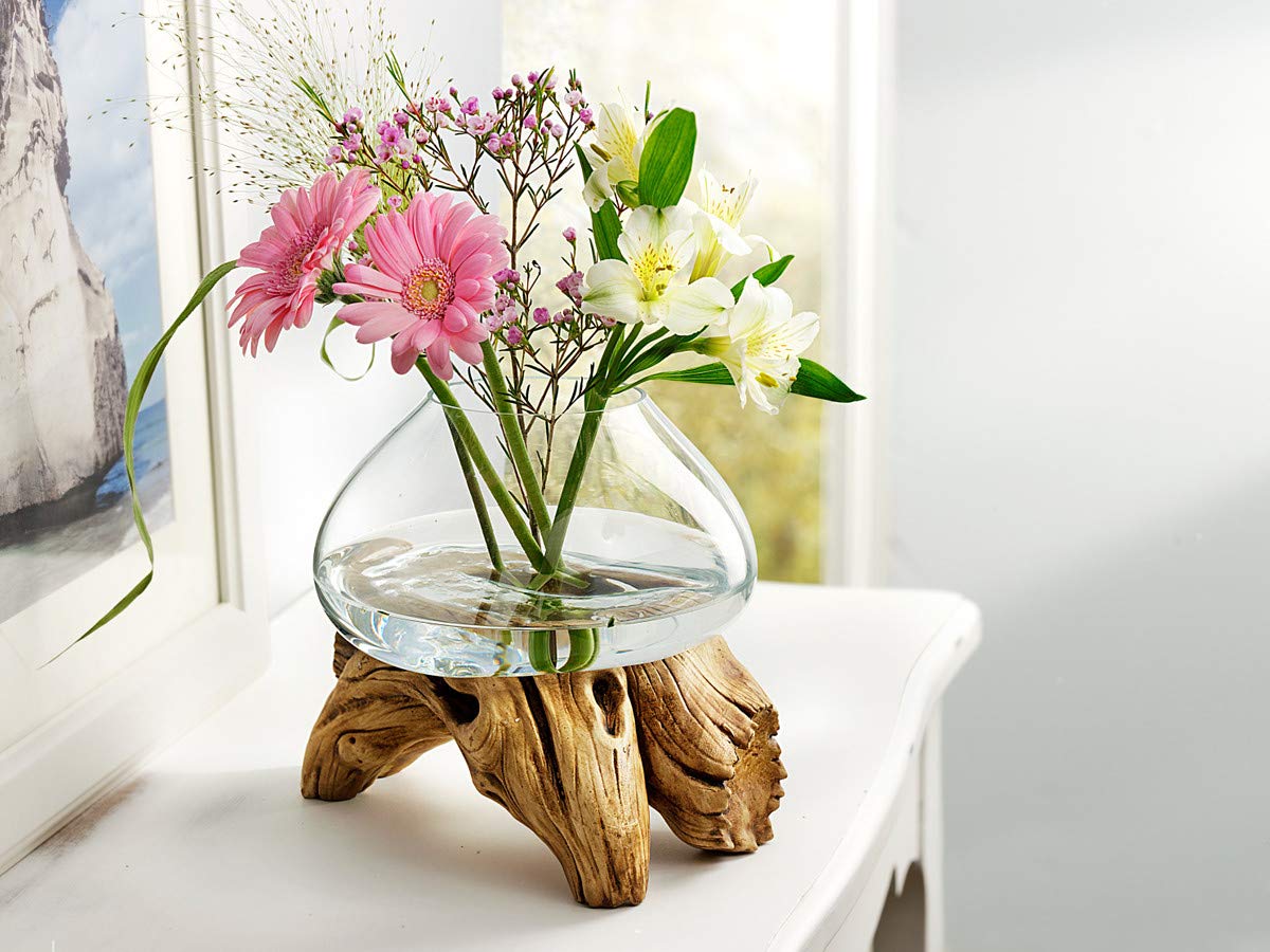Glazen vaas op wortelhout 12 cm x hoogte 45 cm van gerecycled glas & teakwortelhout handgemaakt | extravagante woondecoratie decoratieve vaas glazen schaal natuurvaas | A30