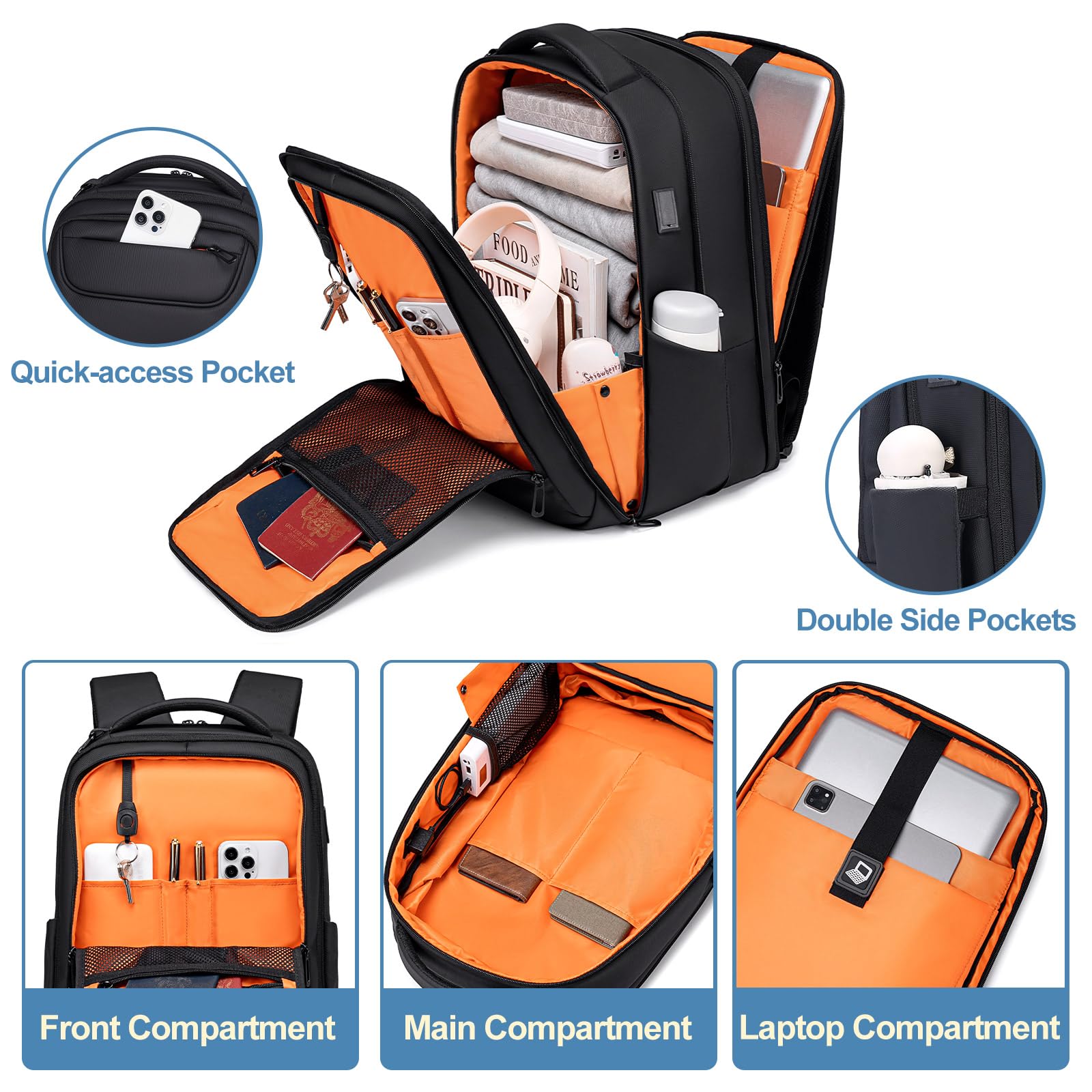 FENRUIEN Expandable Travel Backpack 15.6 Inch, Water Resistant Backpack with USB Charging Port, Black Laptop Bag for Work/Commuter/College