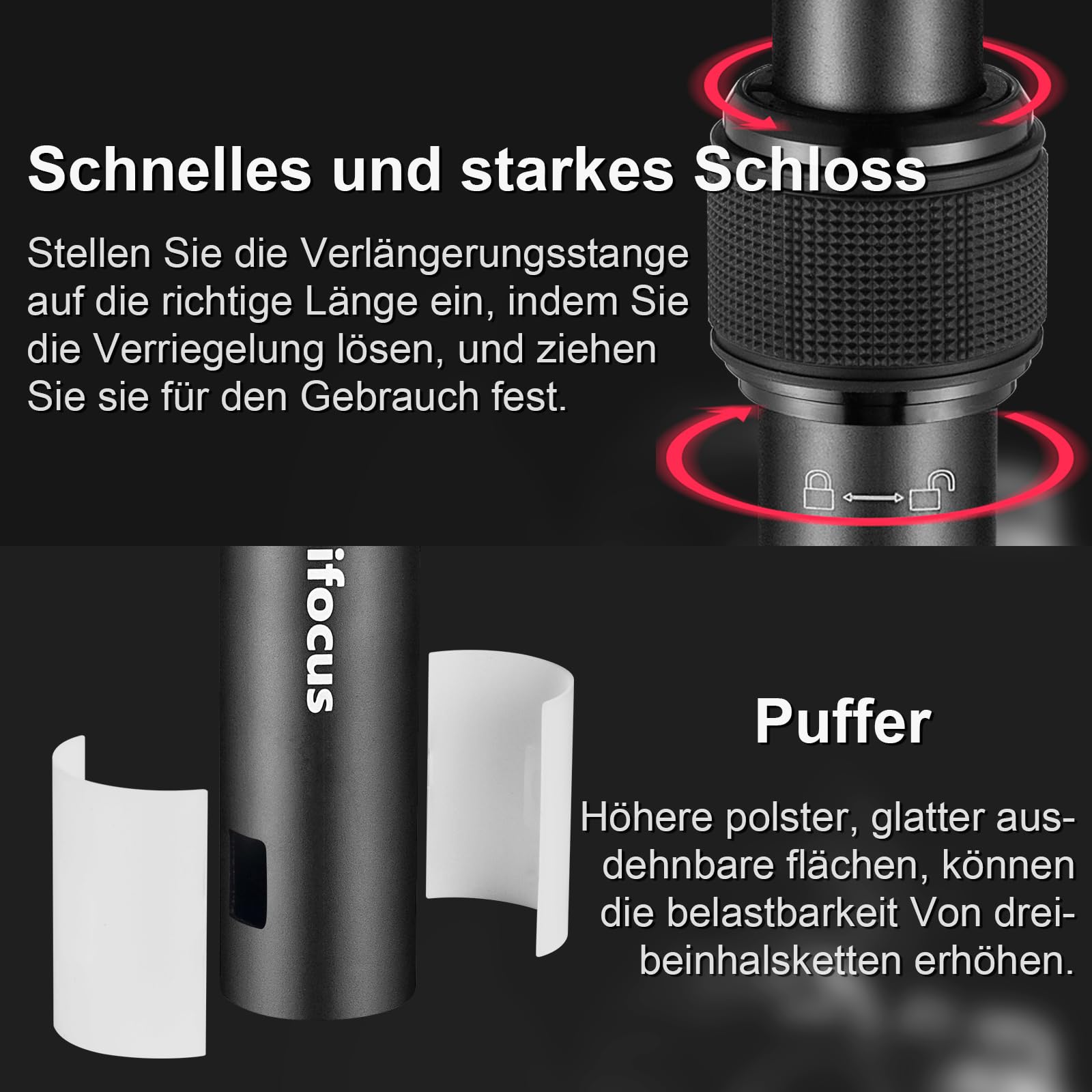 Stativverlängerung 2 Abschnitte Mittelsäule, 34-60cm Aluminium Teleskopstange, 15kg Tragkraft, 1/4" 3/8" Gewinde für Kamerastativ, Handystativ, Selfie Stick, Kamera, GoPro, Insta360