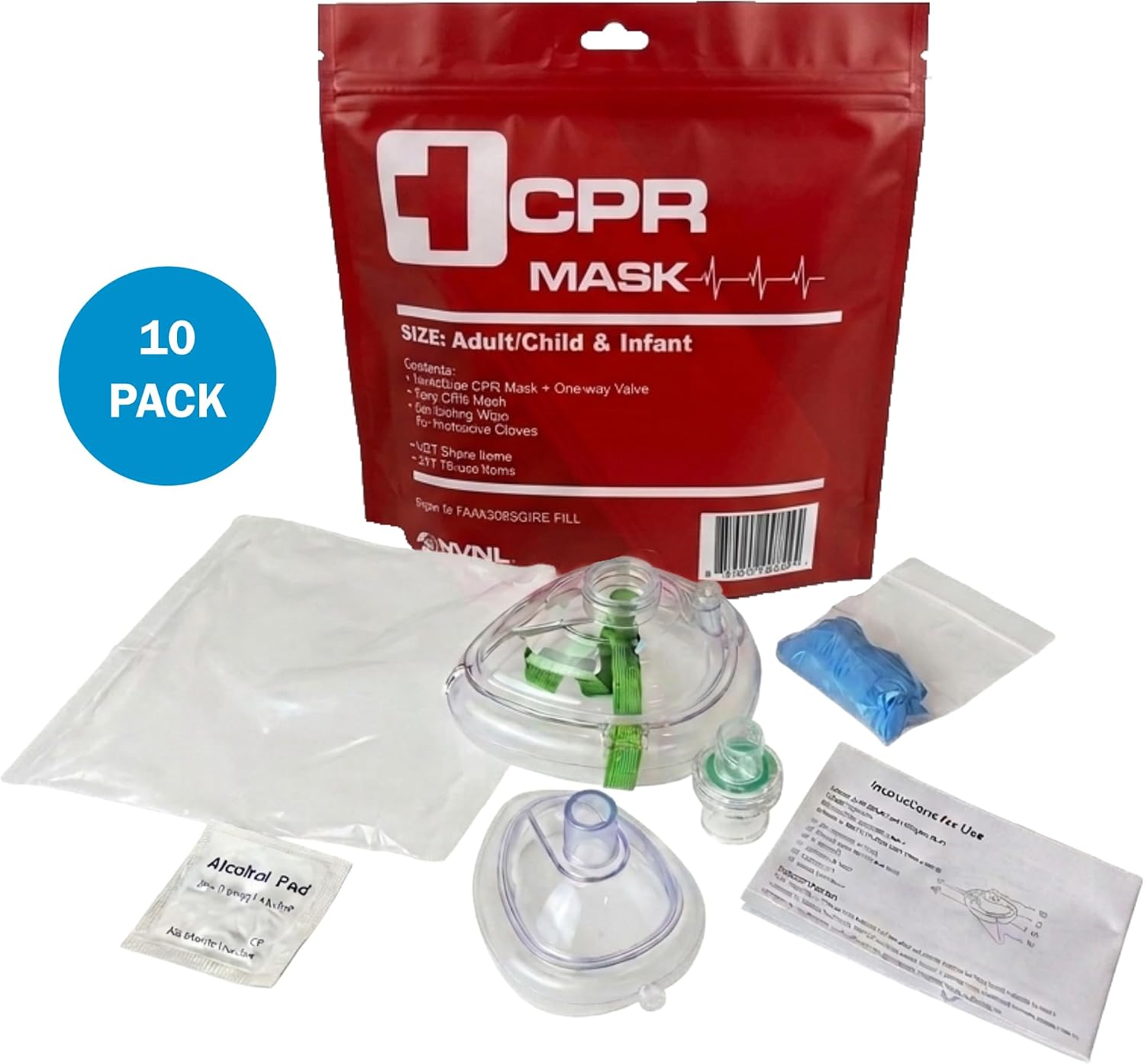 WNL Products FAK5000SGI-REFILL-10PK Adult/Child & Infant CPR Rescue Mask Kit 10-Pack – Portable Packages with One-Way Valve, Gloves, Antiseptic Wipe - 10 Pack