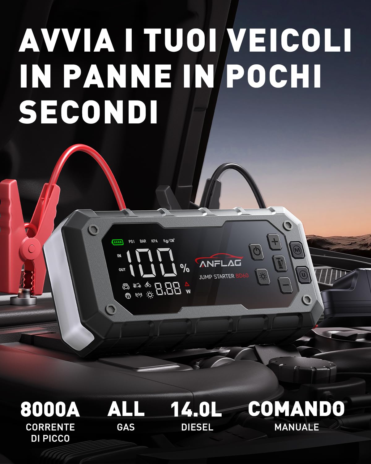 Booster Avviamento Auto 8000A, ANFLAG Avviatore Batteria Auto con Compressore 160PSI, 26800mAh Starter Batteria per Tutti Gas o 14L Diesel con PD65W Ricarica Rapida/Doppia USB/600 Lumen LED