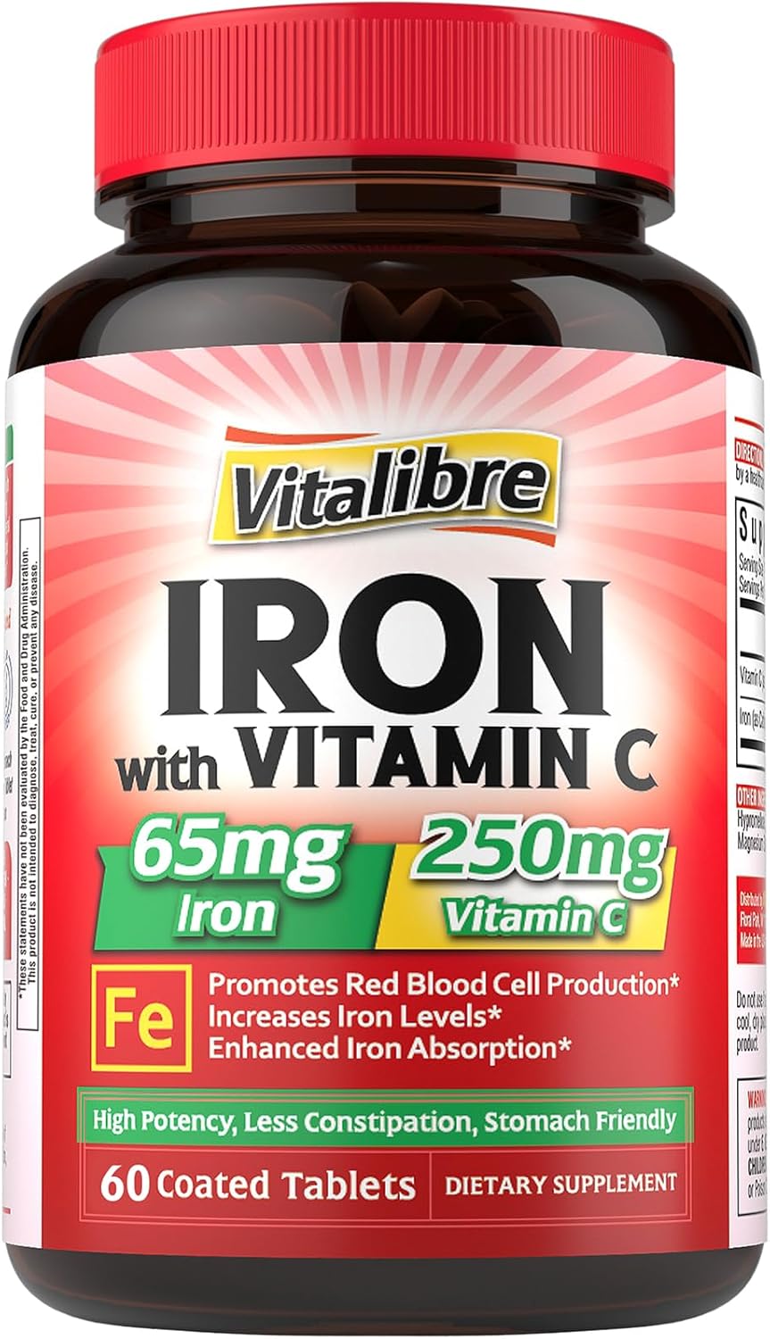 Iron Supplement, 65mg Carbonyl Iron with 250mg Vitamin C, Stomach Friendly Iron Pills for Blood Building Women & Men, High Absorption, No Nausea, No Constipation, Non-GMO, No Gluten, 60 Vegan Tabs