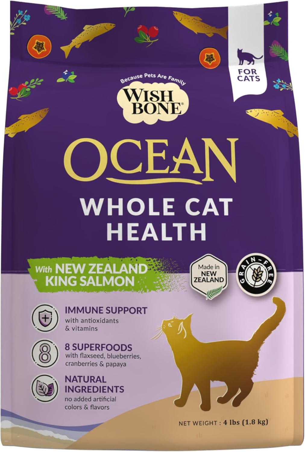 Wishbone Ocean New Zealand King Salmon, Gluten Free, Premium Salmon Recipe Cat Food for Overall Pet Health - 4 lb