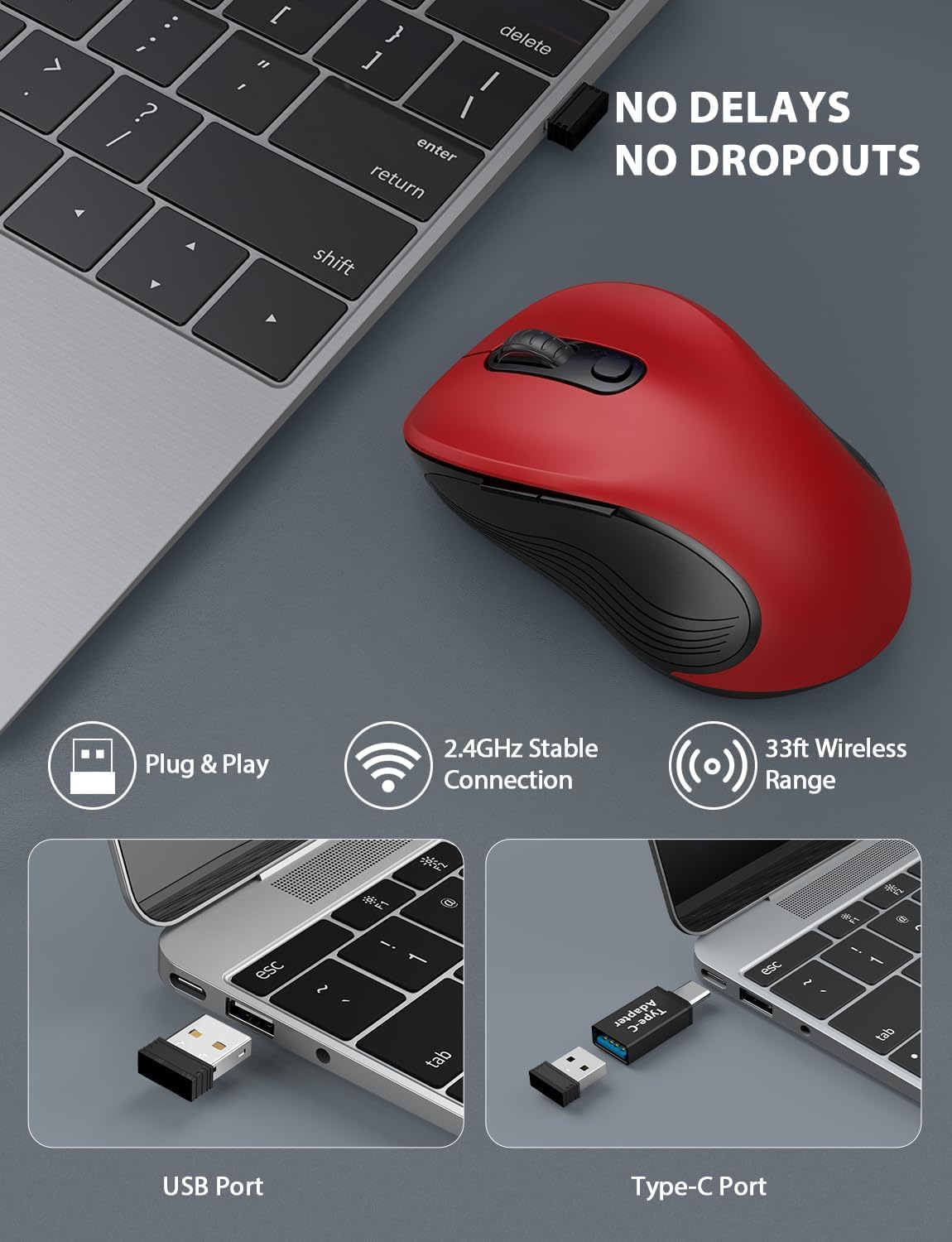 Trueque Bezprzewodowa mysz do laptopa, ergonomiczna mysz komputerowa 2,4 GHz z przyciskami do tyłu i do przodu, 3 regulowane poziomy DPI, 6 przycisków, optyczne myszy bezprzewodowe USB do komputera z