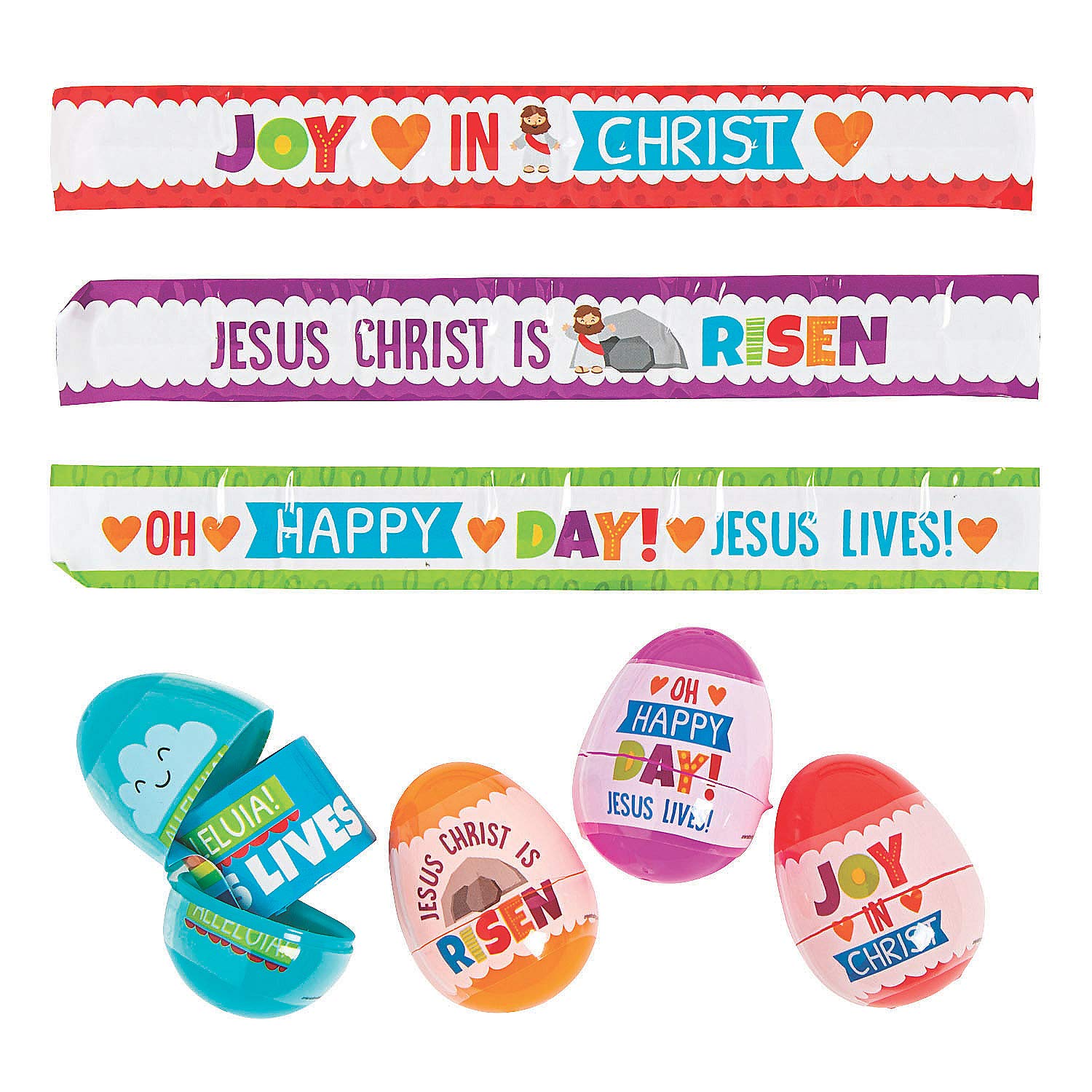 He Lives Slap Bracelet Filled Easter Eggs (24 eggs) Religious Easter Party Supplies