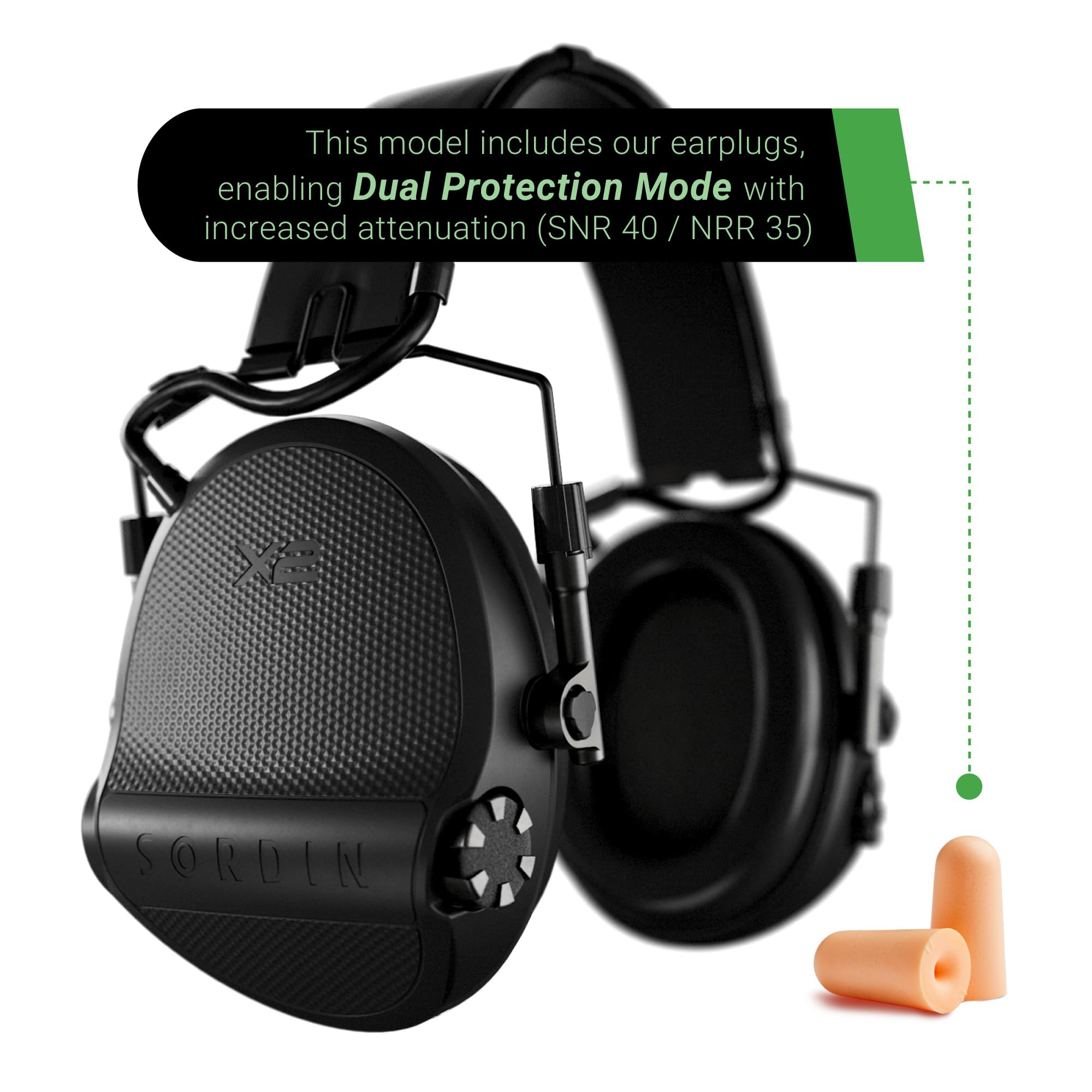Sordin Supreme X2 (301004-10G-AMA) - Protector auditivo electrónico, color negro con almohadillas de gel y diadema de cuero, modo de protección dual, 4 modos de audio (SNR 29 / NRR 23)
