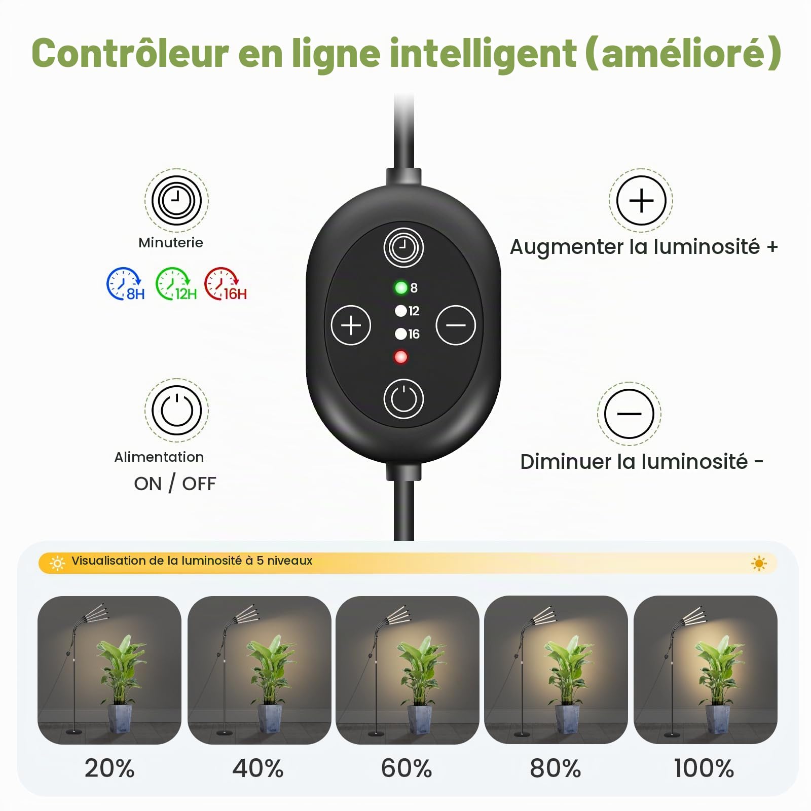 Lampe de culture pour plantes sur pied 12V, spectre complet renforcé 660nm LED avec minuterie 8/12/16H, compatible prise connectée & reprise automatique, intensité réglable, 20W