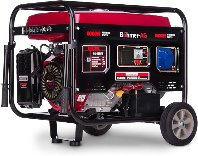 Böhmer-AG 9000W-E Petrol Generator 8.5Kw 12V DC Output Electric Key Start Outdoor 10.5 kVA 17Hp 4-Stroke OHV Engine with 1 UK 240V Standard Plug & a 32 Amp Plug Socket