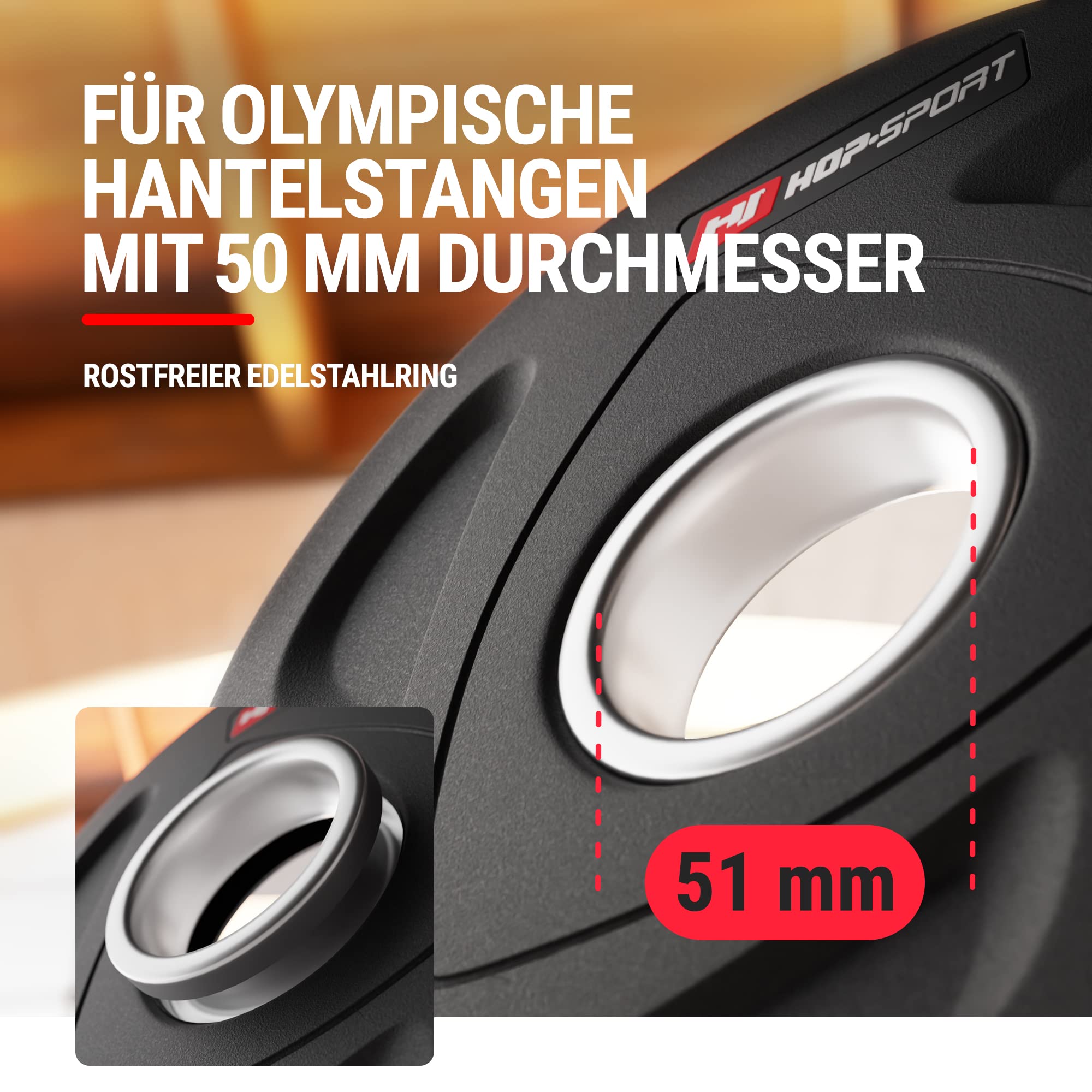 Hop-Sport Hantelscheiben 50mm Set, olympische Gewichtsscheiben aus Gusseisen für Langhantelstangen, Bumper Plates mit rutschfester gummierter Oberfläche für Krafttraining | 30 kg Set (2 x 15 kg)
