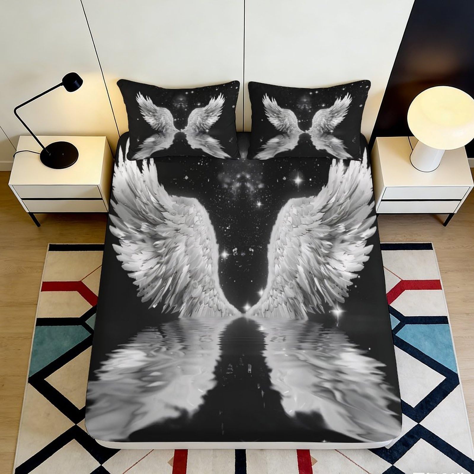 3D Printed Angel Wings Fitted Sheet Microfiber Deep Pocket Bedroom Bedding Angel Wings Mattress Fitted Cover Non-Slip Washable for All Ages 200x200x25cm 90x200x25cm
