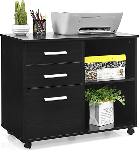 Giantex Archivador de 3 cajones, archivador lateral móvil con ruedas, soporte de impresora grande con 3 cajones y estantes de almacenamiento