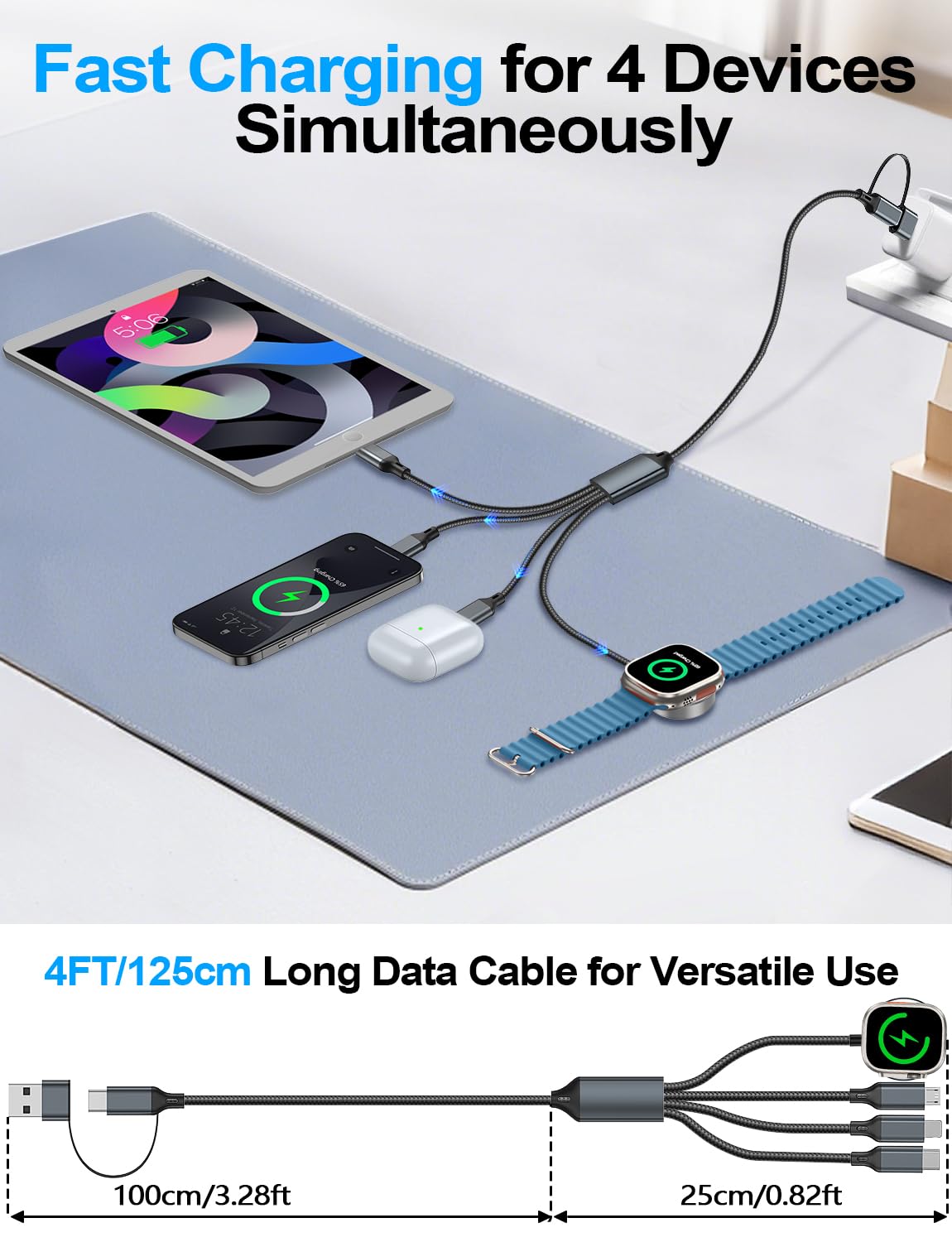 Travel Essentials,Multi Charging Cable for Apple Watch Charger/iPhone Charger/Samsung Charger,USB A & Type C Cable for iWatch Ultra/10-2/iPhone 17-11/Samsung S26-S20,Android Phone,Car[1.2M]-White