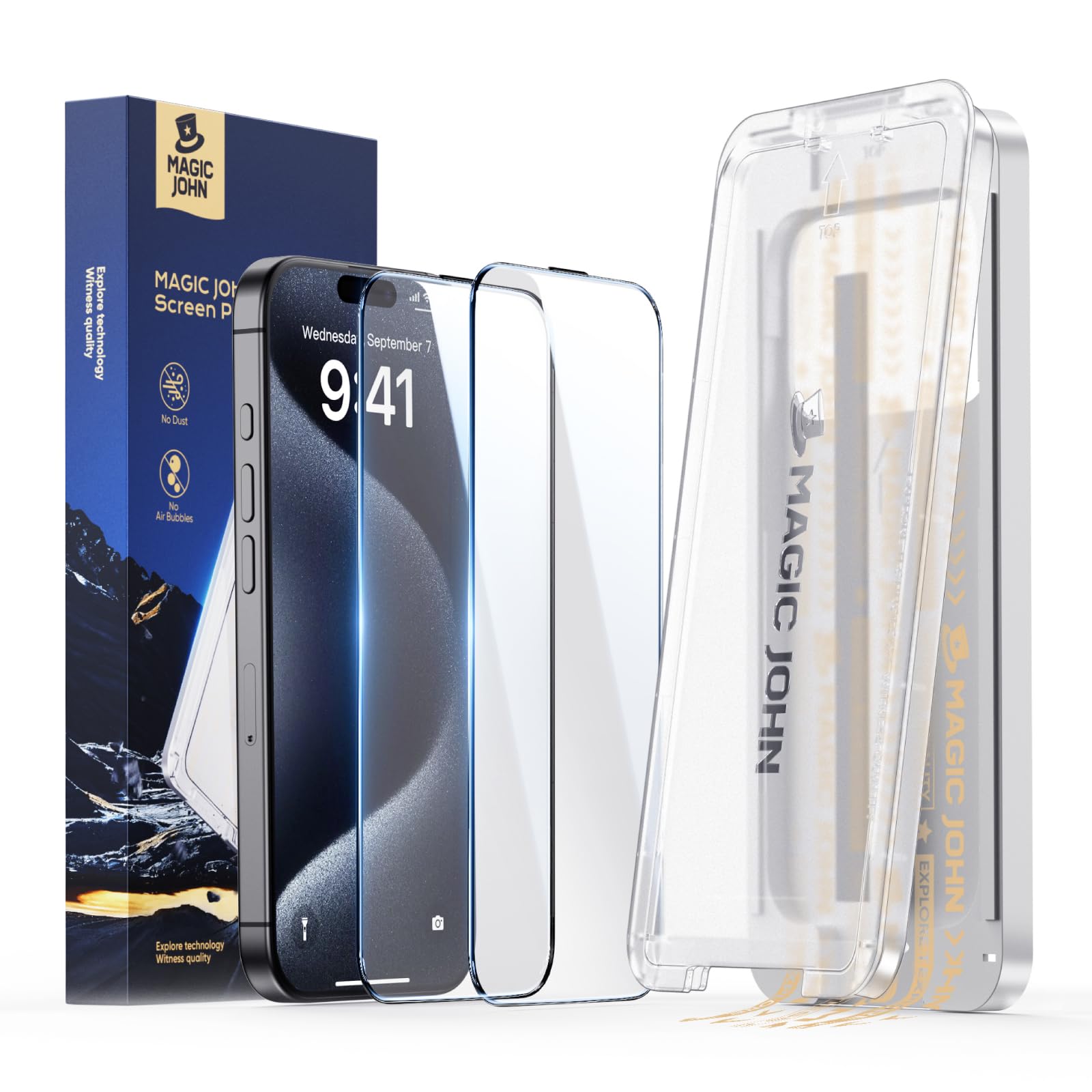 MAGIC JOHN 3rd Gen Upgraded for iPhone 15 Pro Screen Protector 6.1 Inch, HD Clear, Shatterproof Tempered Film, Auto Dust-Elimination, Bubble Free, Easy Installation, 2 Pack