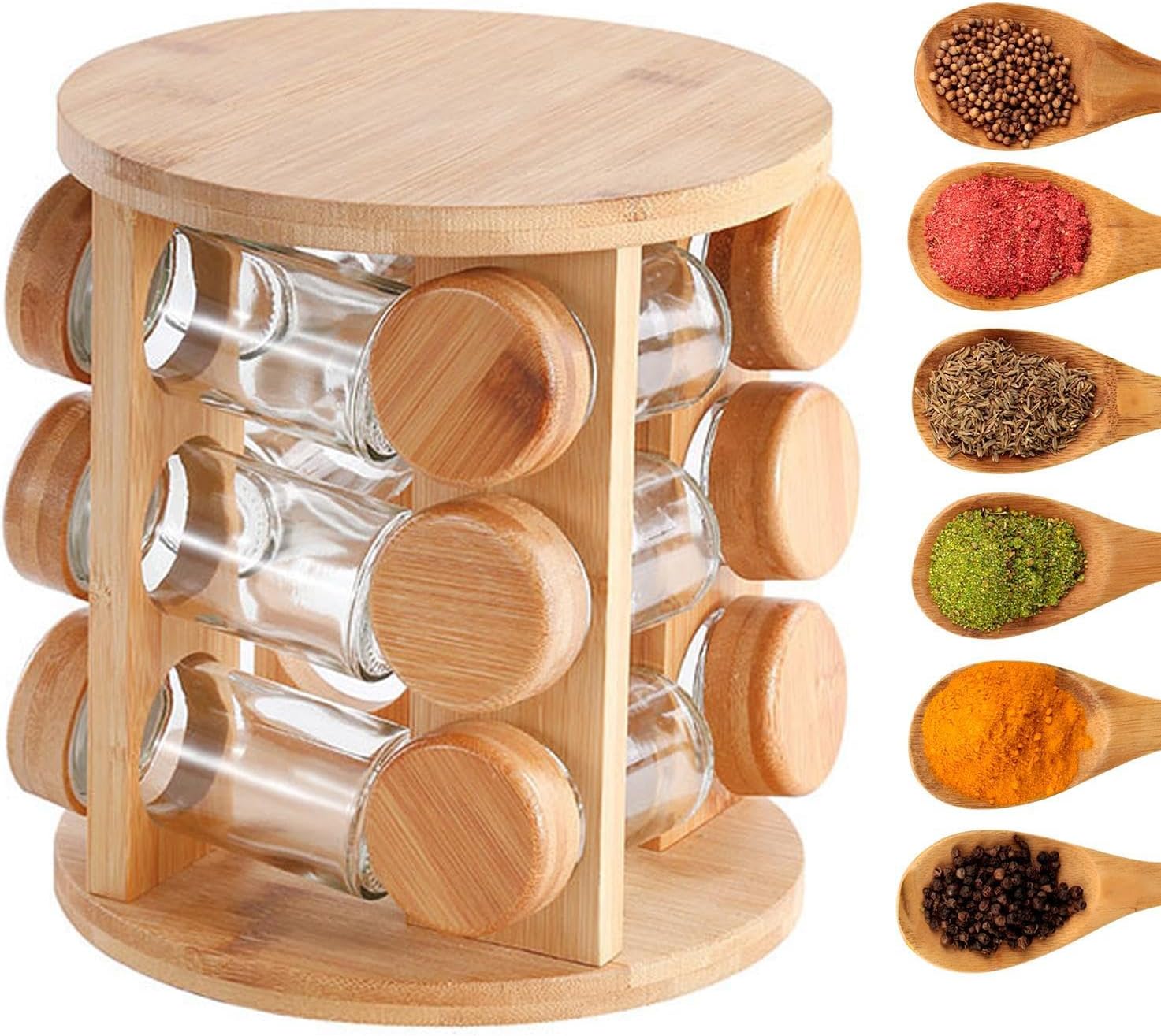 ウッドシーズニングラック | スパイスポット 収納棚 キッチン用品 - 胡椒 塩 ジャー 収納 回転式 スパイスボックス ラック 砂