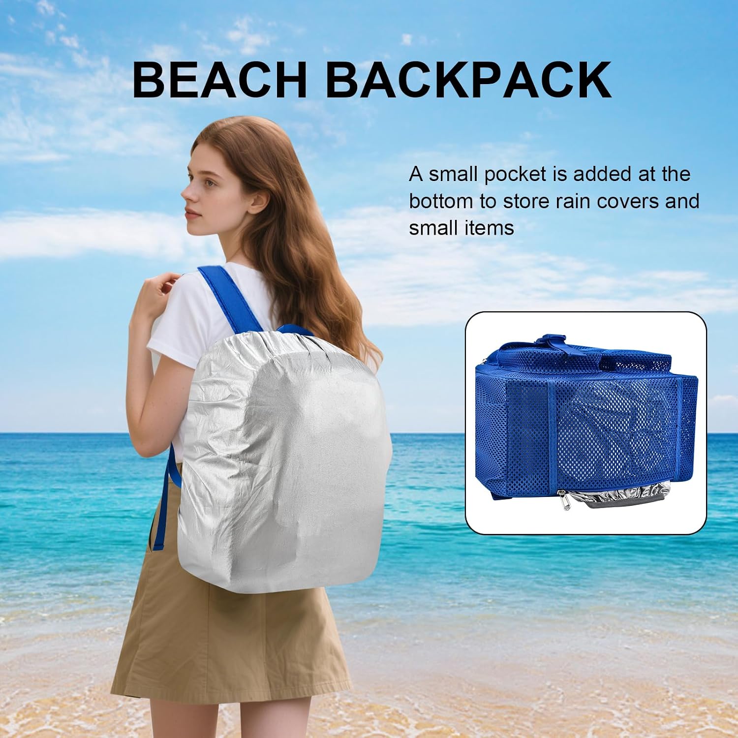 Mesh Backpack for School,with Inner Laptop Compartment,Semi-transparent Bookbag with Bungee and Comfort Padded Straps for Beach, Swimming, Sports, Work, Travel-Royal Blue