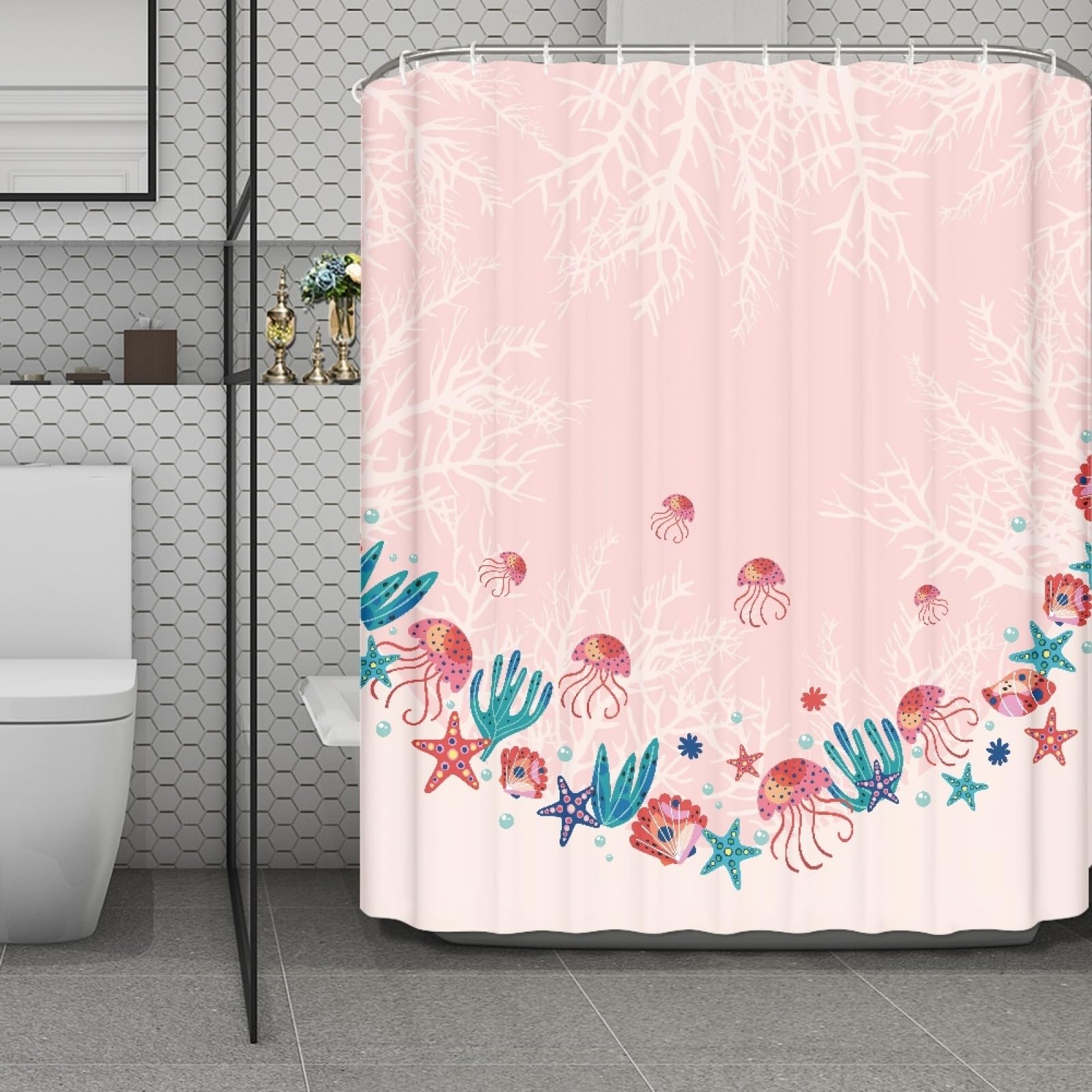 Rideau de douche imperméable rose 180x220 en tissu polyester lavable