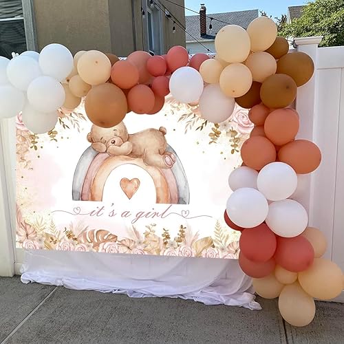 Miniatura 5 de Telón de fondo bohemio para baby shower para niñas, con texto en inglés "It's A Girl", oso bohemio, arco iris, flor rosa, fondo de fotografía,