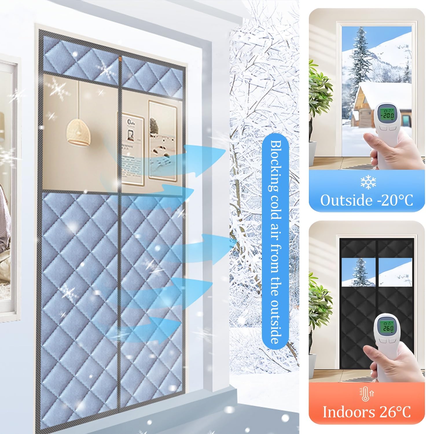 Magnet Wärmeschutzvorhang Mit Fenster, W 70-250cm Oxford Thermo Türvorhang Baumwollfüllung Thermovorhang Kälteschutz Isolierter Türvorhang Hält Warm Im Winter Kühl Im Sommer(Schwarz,90x200cm)