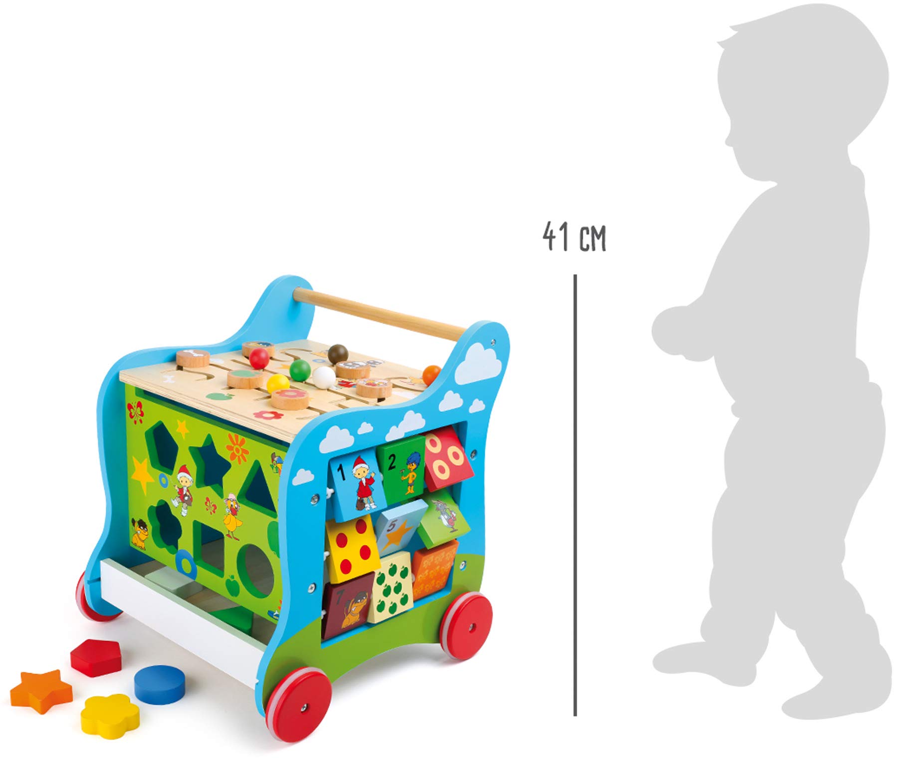 5848 Carrello Primi Passi «Omino del Sonno» small foot in legno, 5 lati di puro divertimento, per promuovere le capacità motorie, da 1 anno