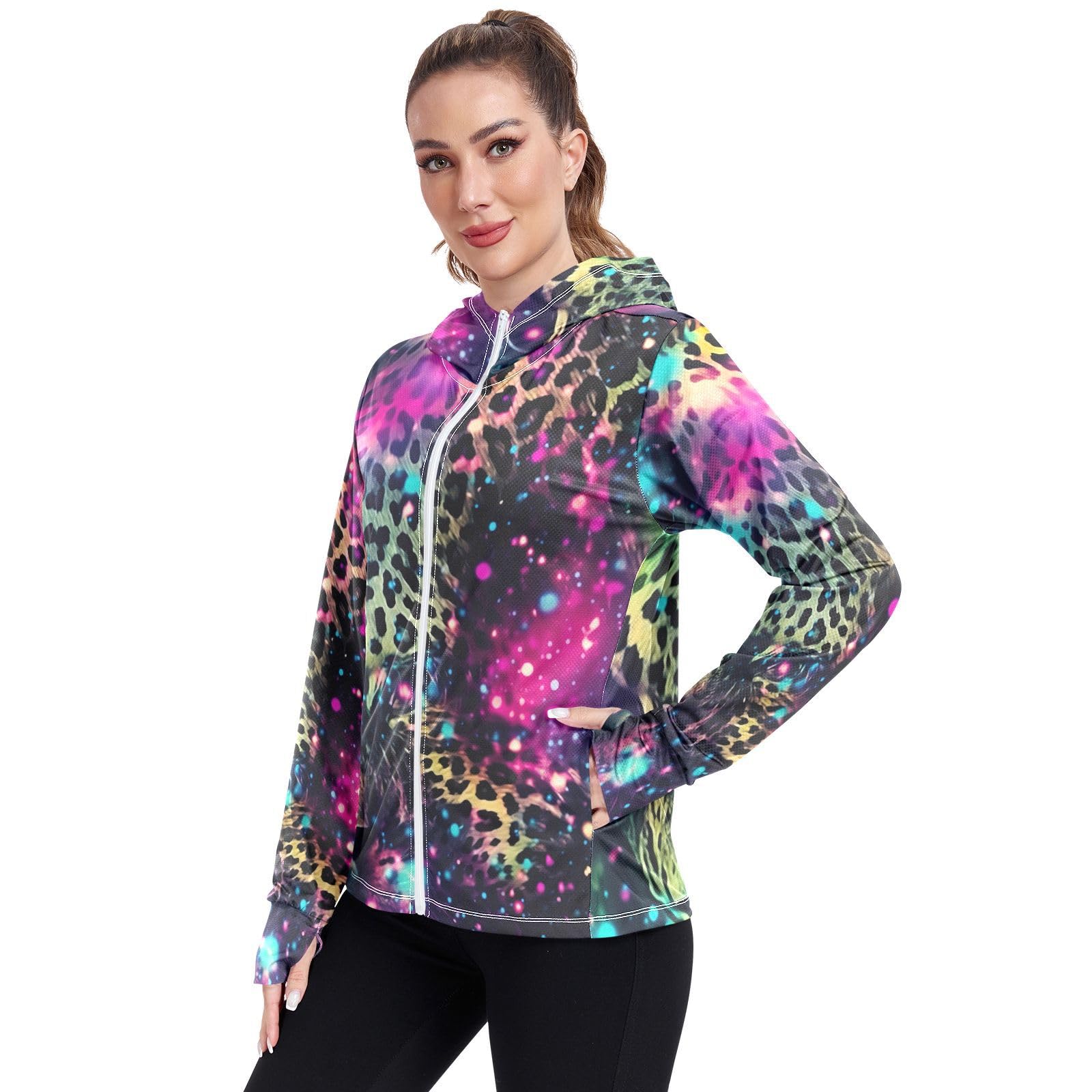UMIRIKO Colorful Leopard Print Pattern Women's UPF 50+ Sun Protection Jacket Hoodie Rash Guard Shirt with Pockets M 202a3491