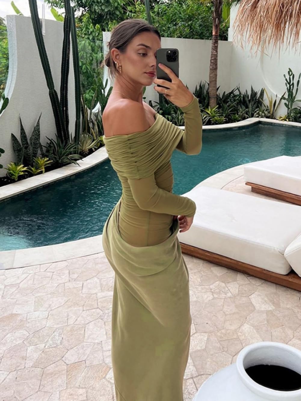 Robe Femme Sexy Maxi Robes Moulante à Manches Longues Élégante Épaule Dénudée Robe Longue en Maille Transparent Bodycon Plissé Robes de Soirée Cocktail Party Fête Club Nuit Bal Mariage