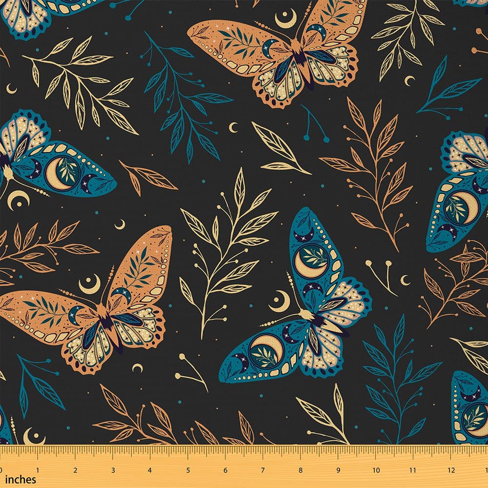 Watercolor Butterfly Fabric by The Yard Beautiful Moon Starry Sky Fabric for Kids Teens Adults Cute Flying Animal Rustic Plant DIY Sewing Fabric for Sofa Chair Living Room Decor,10 Yards
