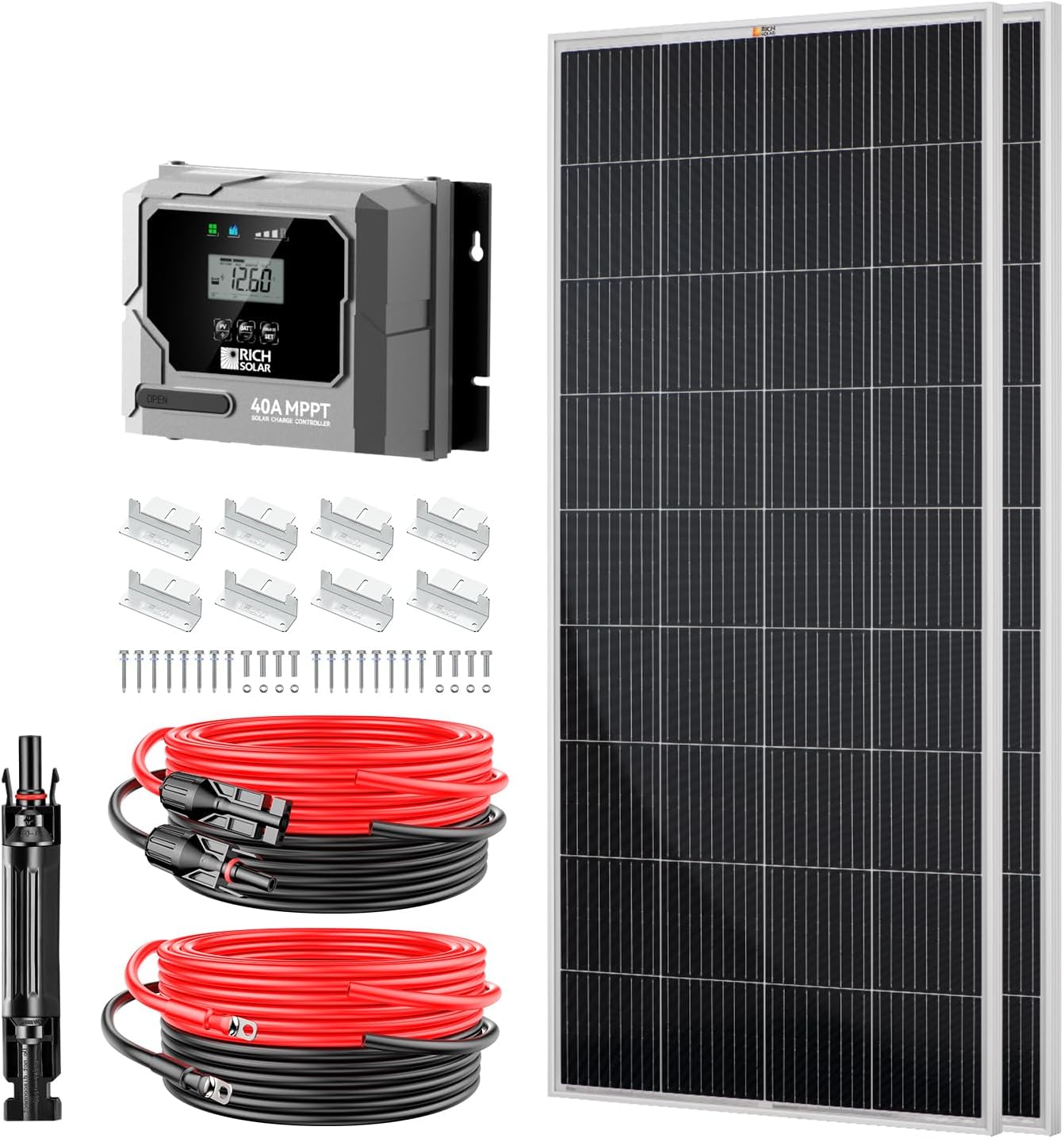 RICH SOLAR 400 Watt Solar Kit Contains 2 high Efficiency 200W Monocrystalline Panels with 9 busbars and 40A MPPT Controller