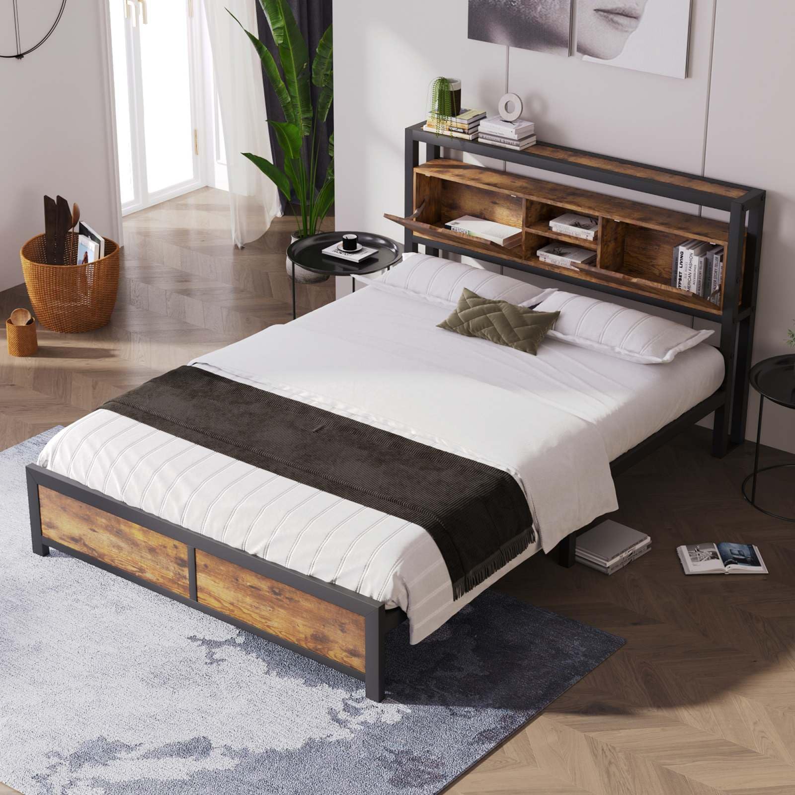 KOMHTOM - Lit Maison Enfant En Bois Avec Porte, Étagère Rangement, Sommier à Lattes, 90x200 Cm, Modulable