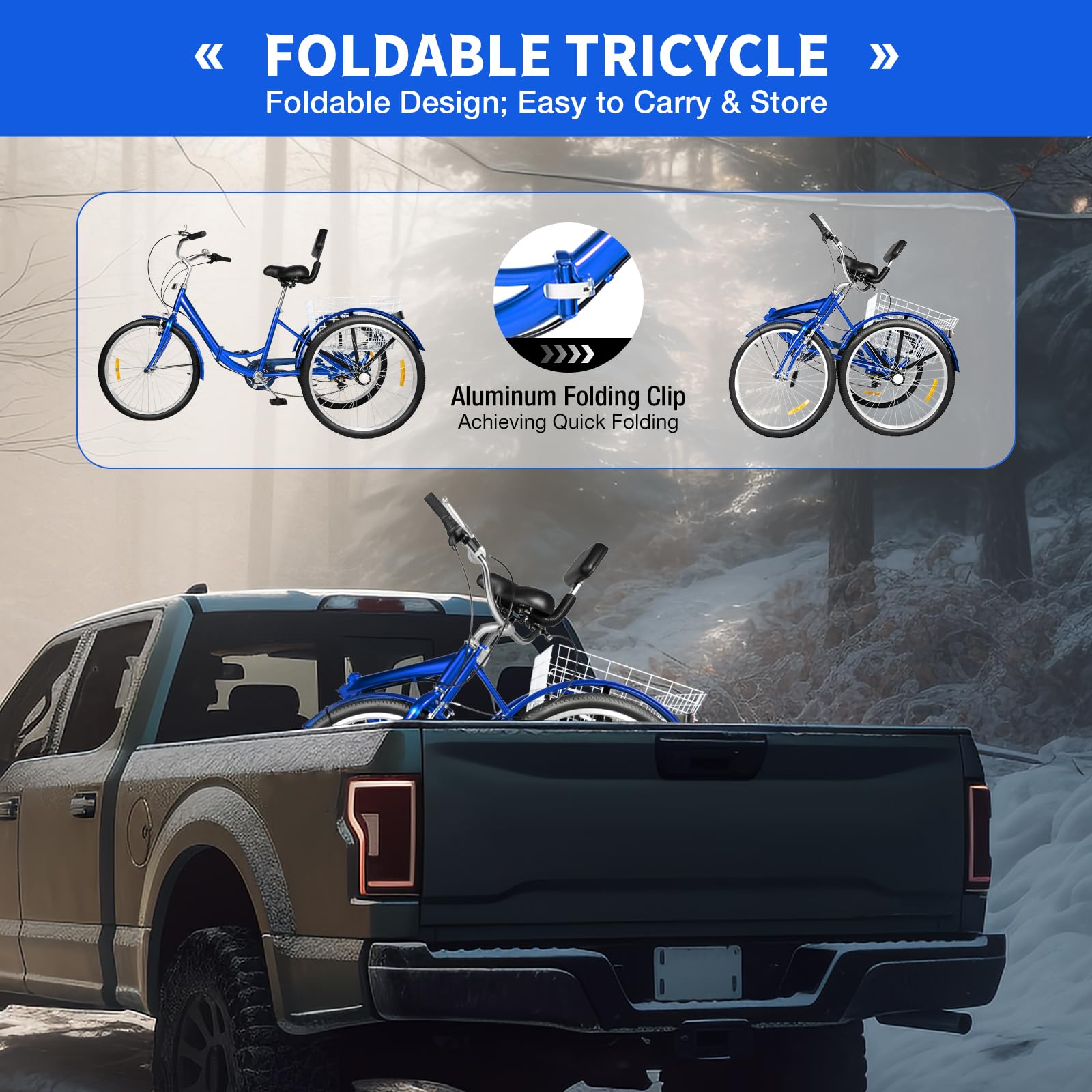 24 Pollici Triciclo per Adulti, 7 Velocità Pieghevole 3 Ruote Cruise Bike in Acciaio ad alto Tenore di Carbonio, Triciciciclo Bici da Crociera con Cestino Mudguard , Capacità di Carico 120kg (blu)