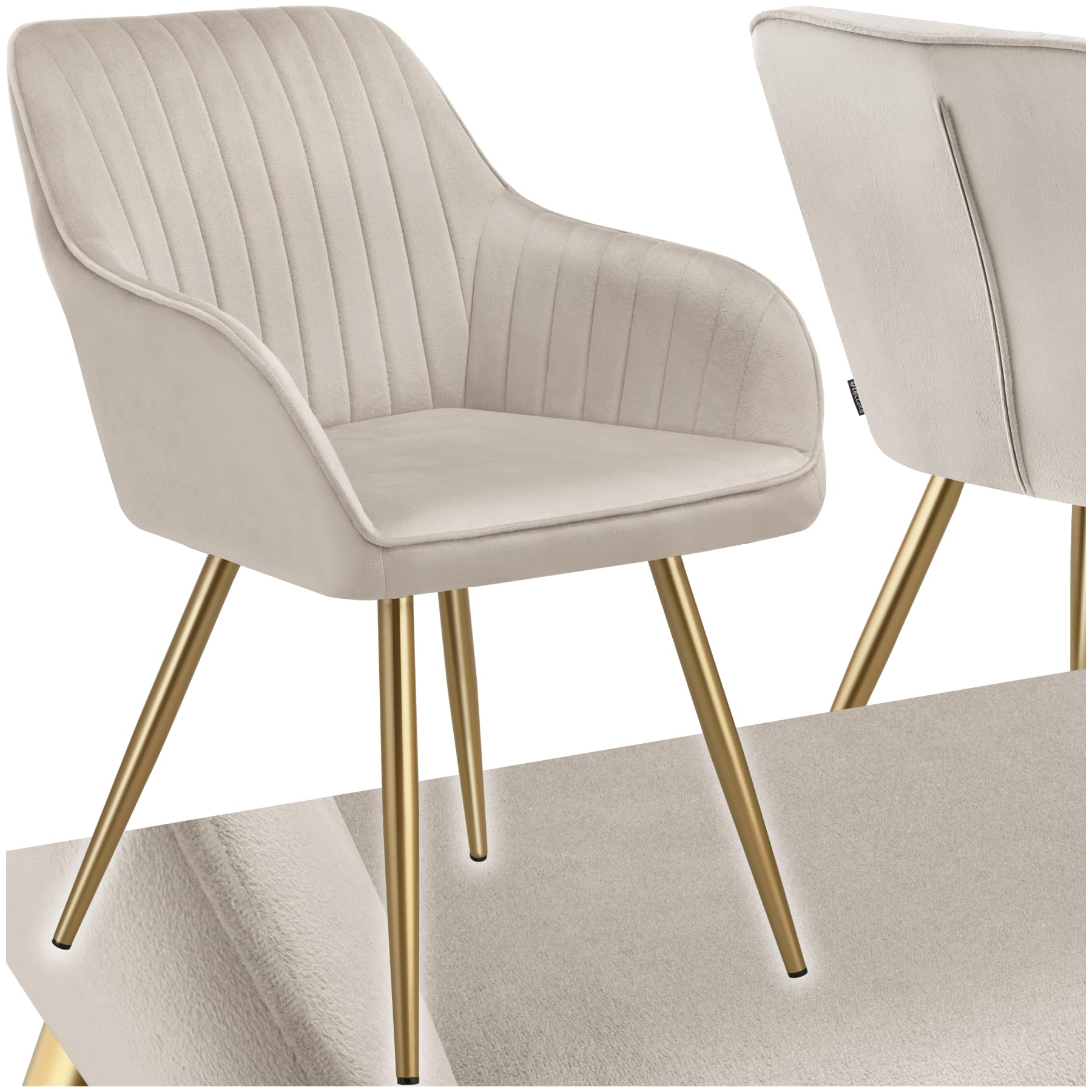 tectake® Dining Chair with Quilted, Velvet-Look Cover, Softly Padded Armchair with Continuous Backrest & Golden Steel Legs, Ideal as Kitchen, Living Room, Bedroom & Desk Chair - Taupe/Gold — image 1