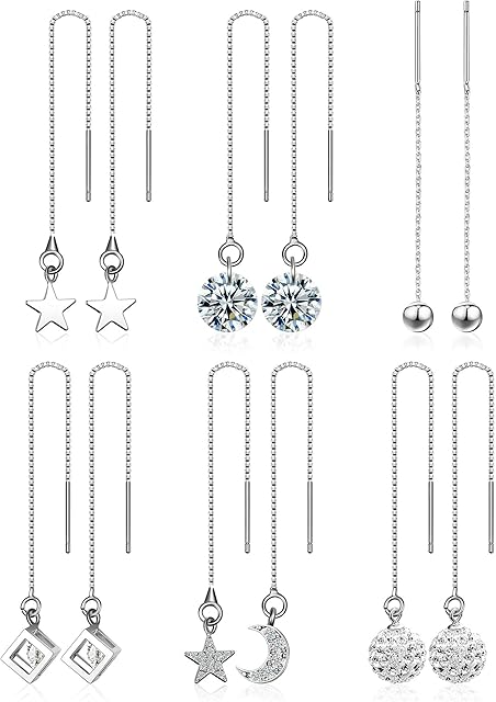 6 Pairs Crystal Threader Earrings Set Star Moon Threader Earrings Crystal Ball Chain Threader Drop Earrings Needle Drop Pull Through Earrings for Women Girls Jewellery