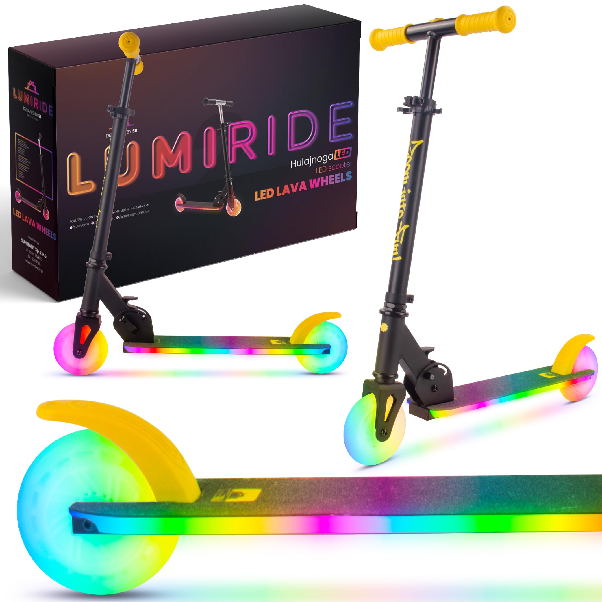 LUMI Ride Patinete niño Dos Ruedas a Partir de 3 años, LED - 7 Colores, 20 programas - 3 Niveles de Ajuste del Manillar, Freno de pie, Asas Desmontables