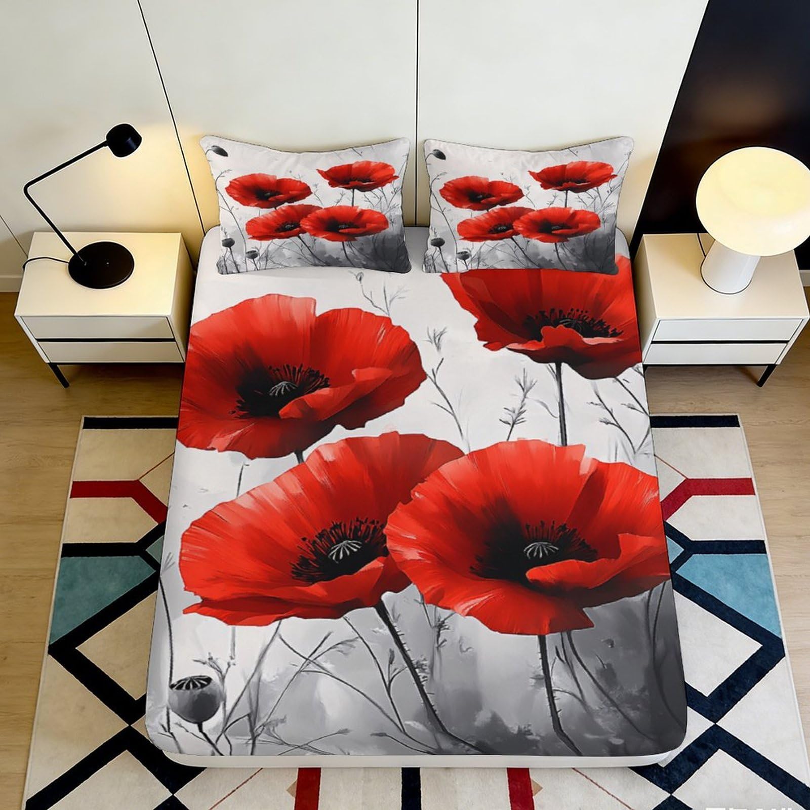 3D Printed Red Poppy Flower Fitted Sheet Microfiber Soft Breathable Botanical Art Bed Cover for Bedroom Dorm Mattress Decor 120x200x25cm